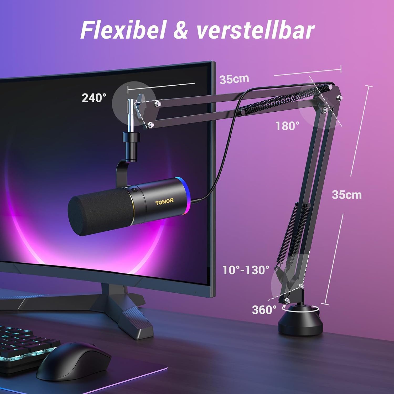 TONOR Streaming-Mikrofon  TONOR TD520S+ Mikrofonset – RGB, Boom‑Arm, Monitoring, Plug‑&‑Play