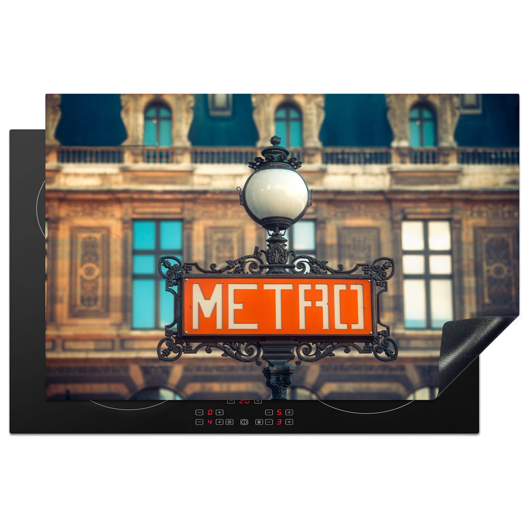 MuchoWow Herdblende-/Abdeckplatte Rotes Metroschild auf der Straße in Paris, Vinyl, (1 tlg), 81x52 cm, Induktionskochfeld Schutz für die küche, Ceranfeldabdeckung | Herdabdeckplatten