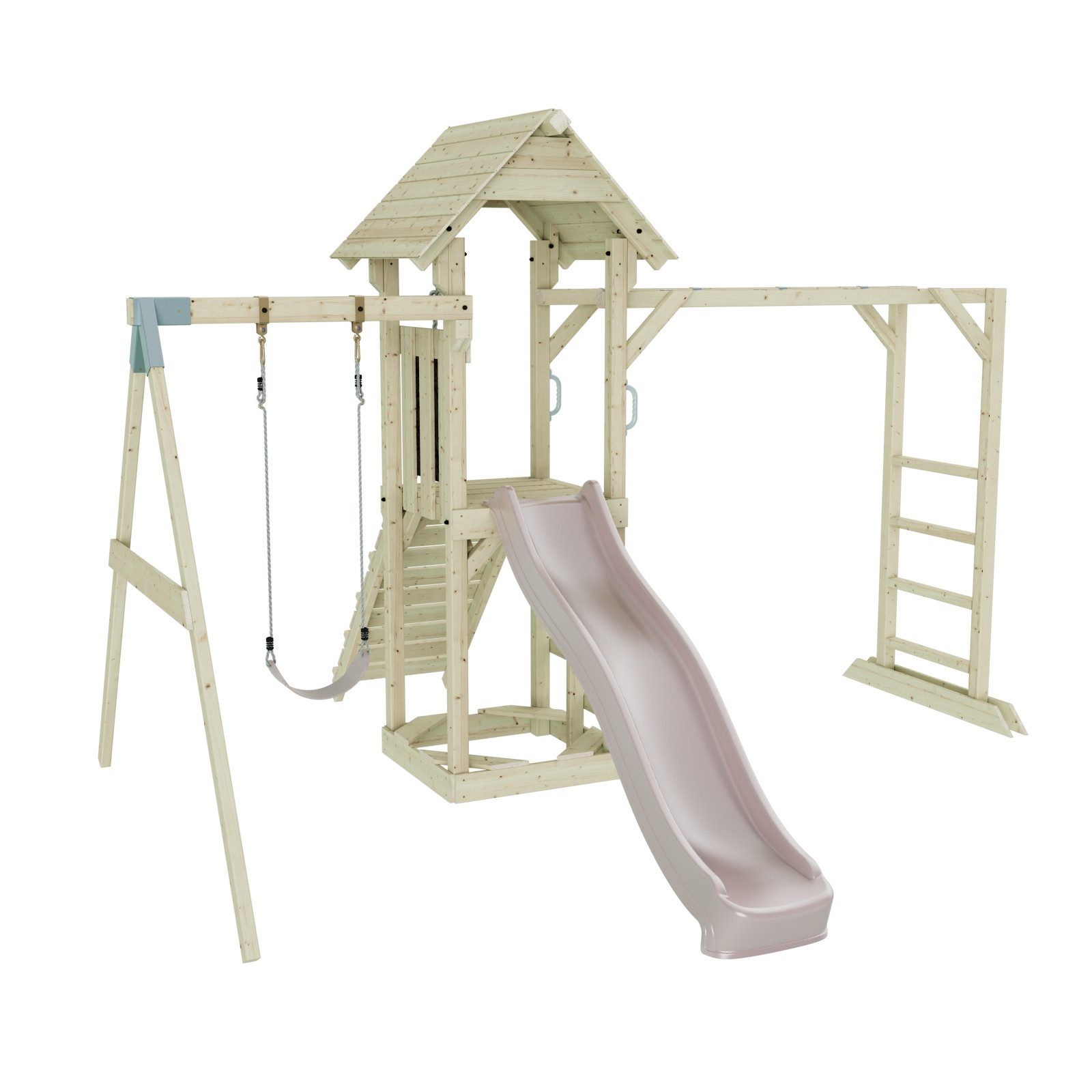 OutdoorToys Spielturm Malmö aus Holz in Altrosa mit Kinderschaukel & Rutsche, aus Holz in Altrosa mit Kinderschaukel & Rutsche