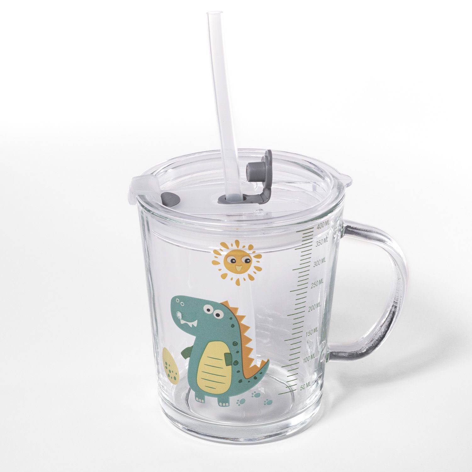 Intirilife Kinderbecher, Glas, Kinder Dino Strohhalm mit transparent Design Design Dino Deckel mit Trinkbecher