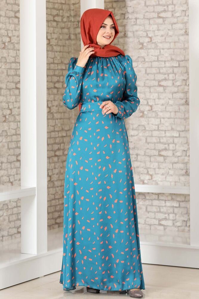 Modavitrini Satinkleid Abendleid gemustertes Kleid Hijab Mode Abiye Abaya aus Satin Petrolblau