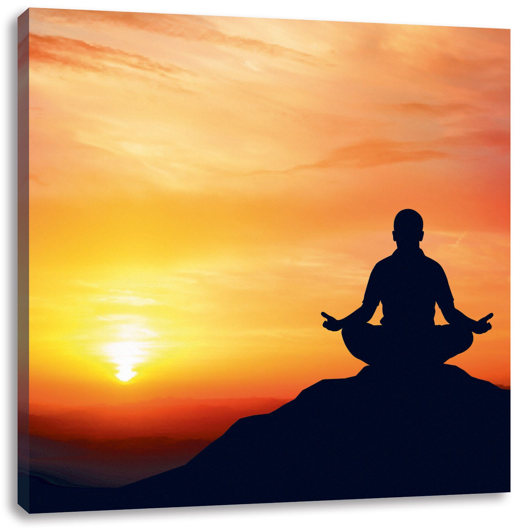 Meditation im Sonnenuntergang bespannt, Leinwandbild inkl. Pixxprint Meditation (1 im Leinwandbild Zackenaufhänger fertig Sonnenuntergang, St),