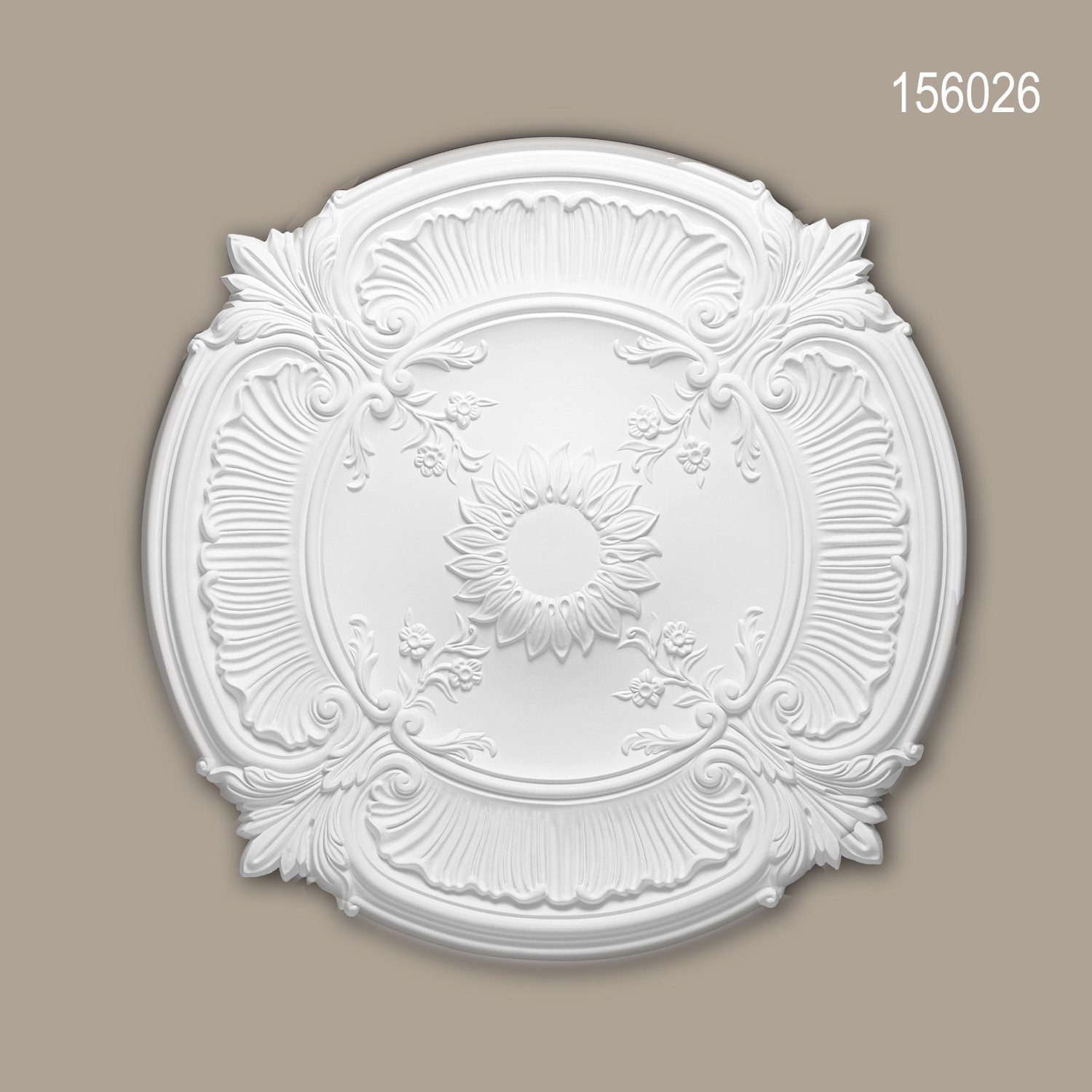 Profhome Decken-Rosette 156026 (Rosette, 1 St., Deckenrosette, Medallion, Stuckrosette, Deckenelement, Zierelement, Durchmesser 77 cm), weiß, vorgrundiert, Stil: Neo-Renaissance