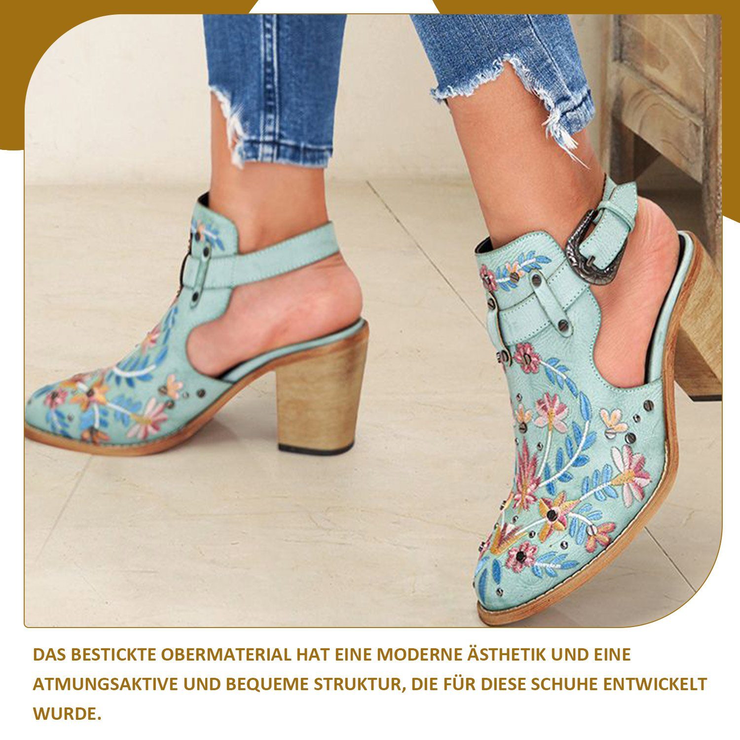 Retro Bestickte Blau Absätze Vintage Daisred Nieten-Sandalen Sandalette