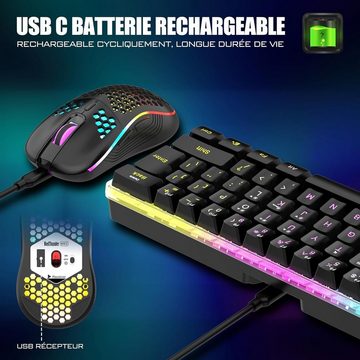 RedThunder K62 60 % kabellose Gaming RGB, AZERTY, französisches AZERTY Tastatur- und Maus-Set, 62 Tasten, Mini-Tastatur mit Hintergrundbeleuchtung, ultra-kompakt