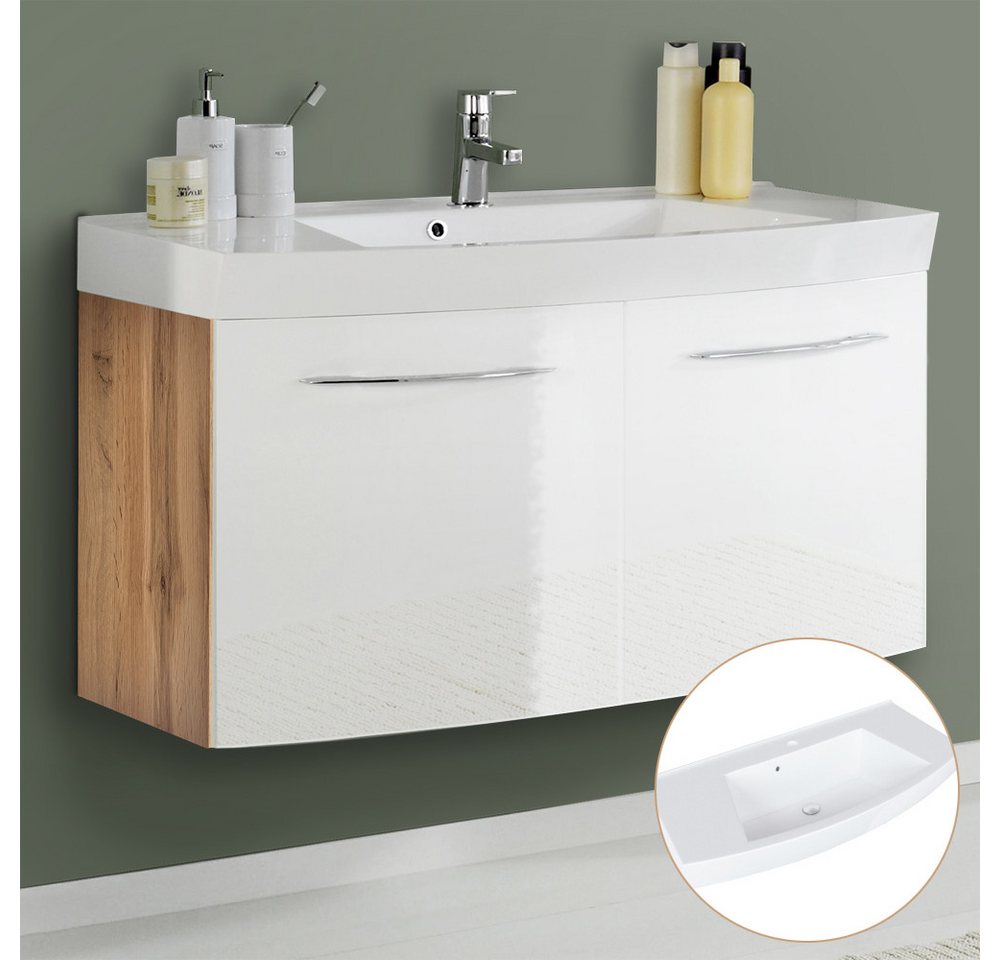Thumbnail - Lomadox Waschtisch FLORIDO-03-OAK, Badezimmer 100cm 2-türig weiß Hochglanz mit Wotaneiche : 100/54/47cm