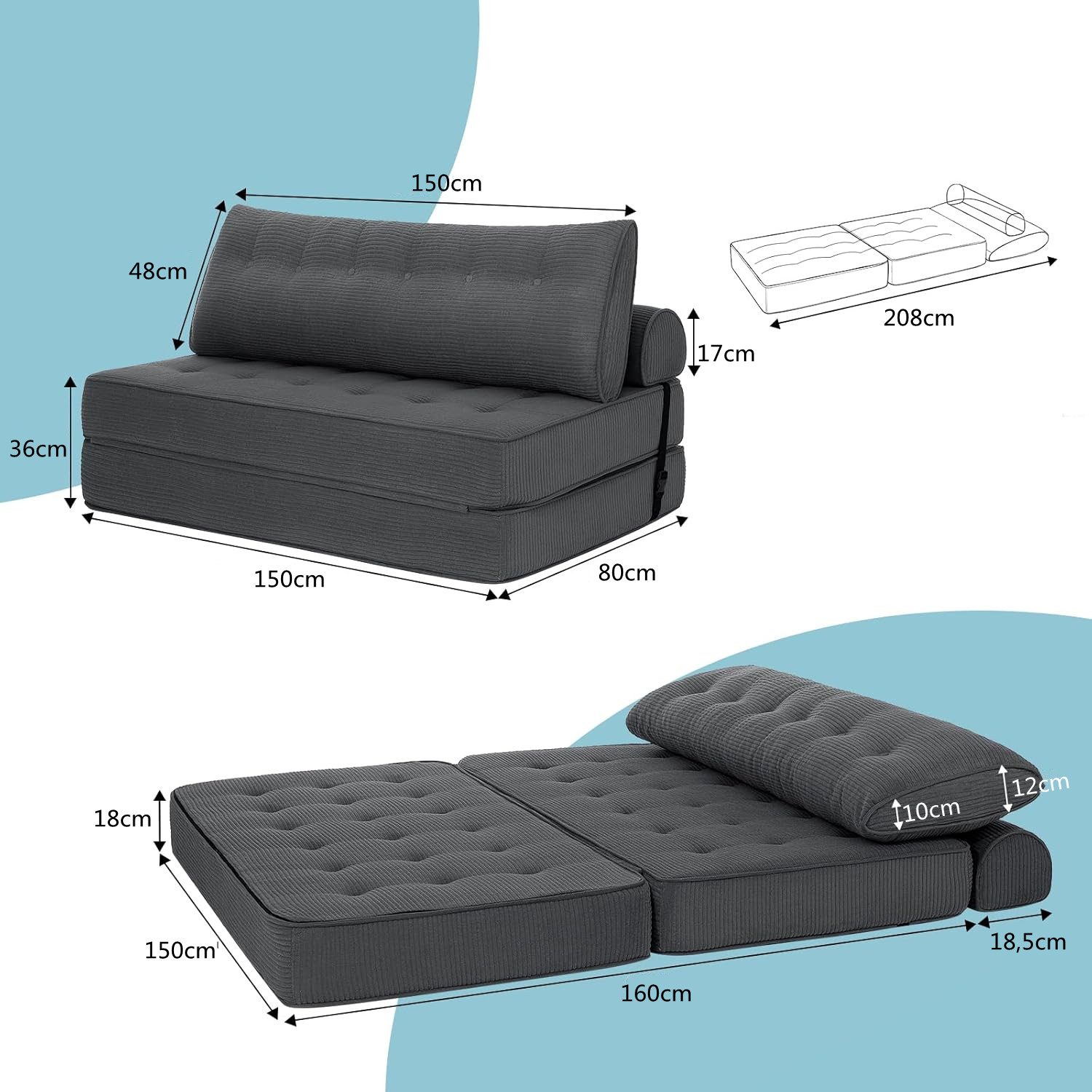MECO Schlafsofa 3-in-1 umwandelbarer Klappsofa Bett Schlafsessel mit Kissen, 2 Sitzer Bodensofa Schlafcouch 150×80x36 cm – Bild 5 von 5