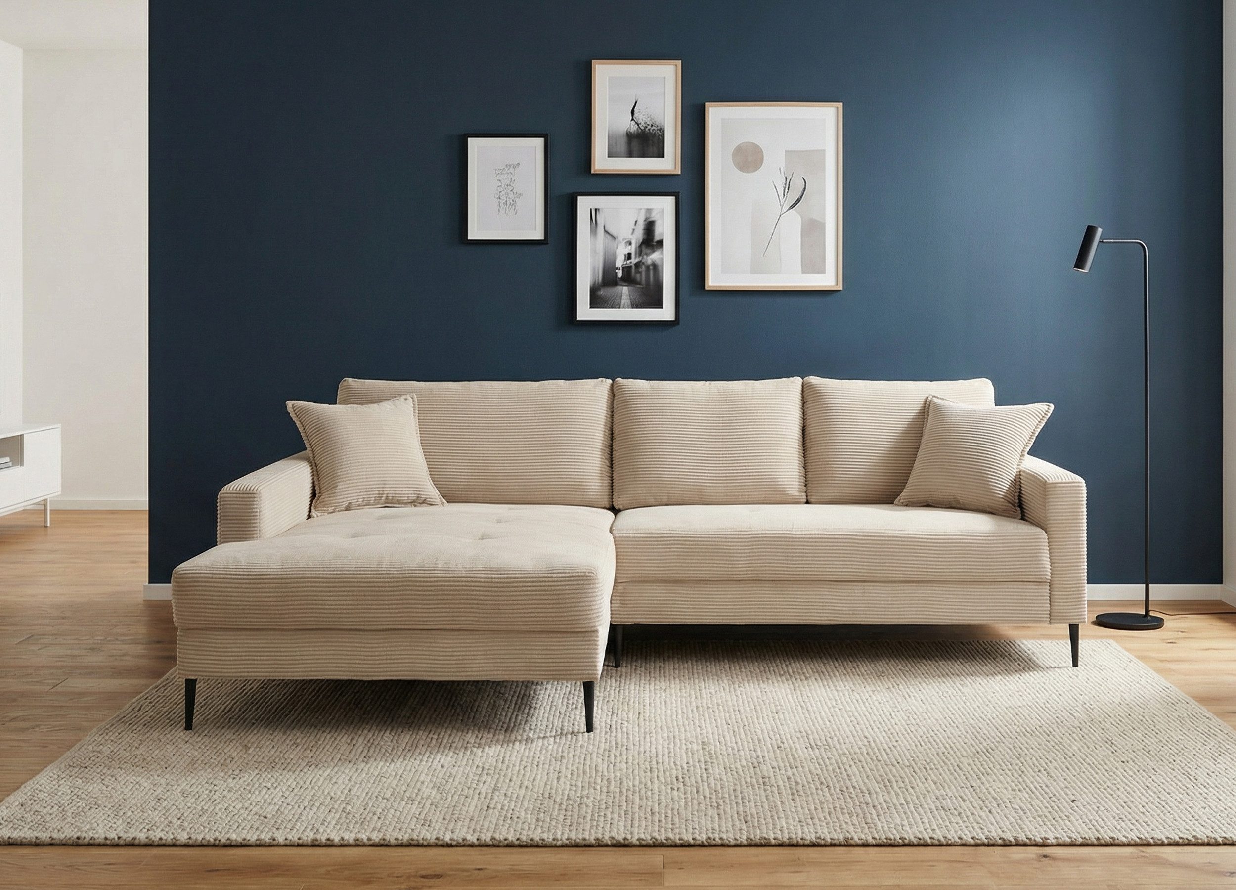 Massivart® Ecksofa Cord Creme 276 × 173 cm / Nosagunterfederung / Model SUMMER, echt bezogener Rücken · inkl. Kissen Set · Metallfüße schwarz