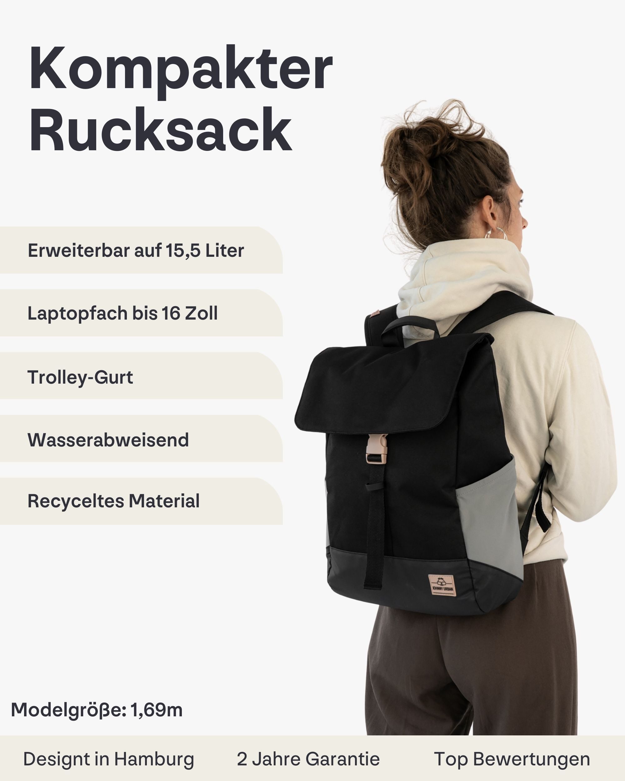 Johnny Urban Cityrucksack MIKA, Rolltop Damen Herren, Laptop Fach (1-tlg), Flexible Größe, Gepolstertes Laptopfach, Wasserabweisend