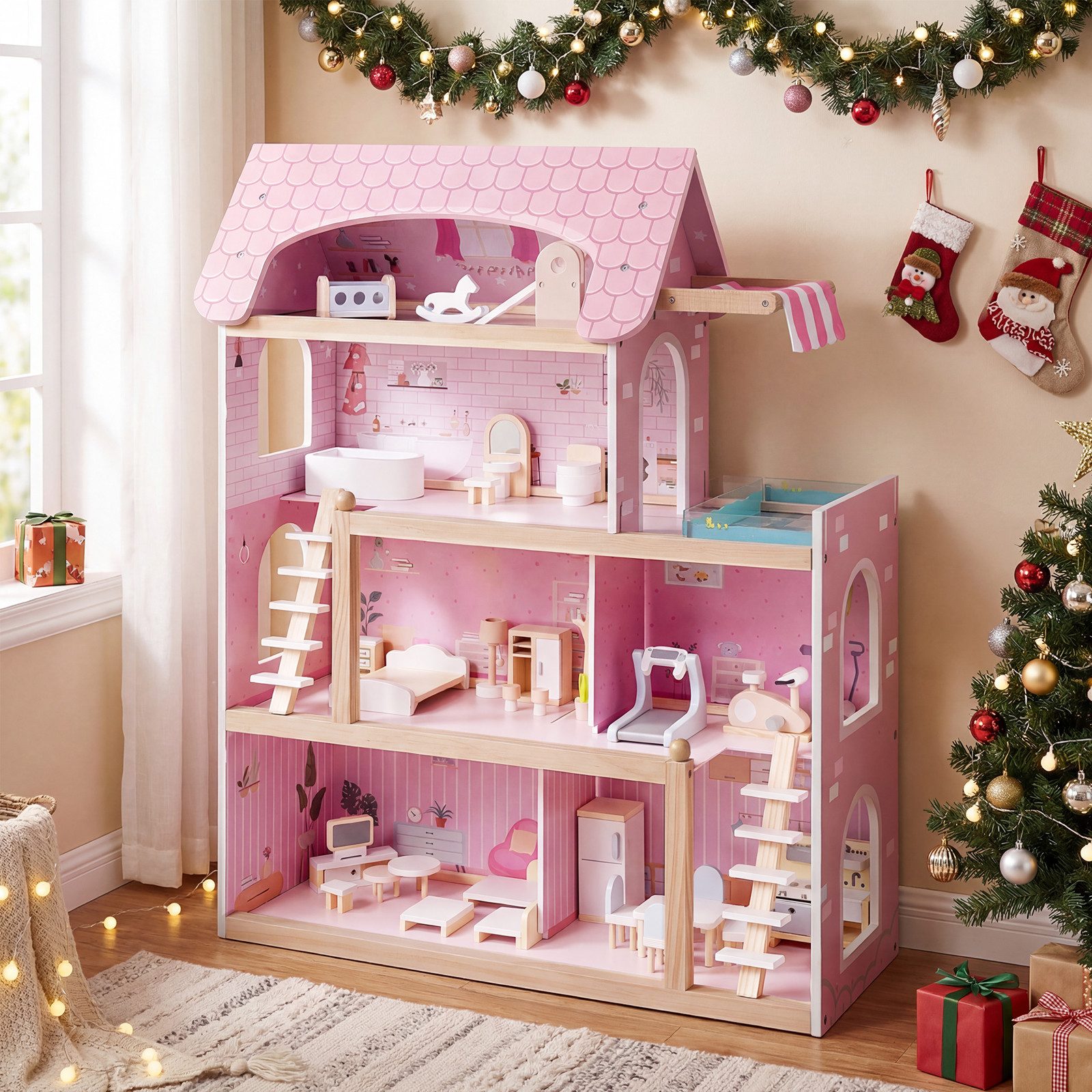COSTWAY Puppenhaus, Holz, Kinder Dollhouse mit 33 Möbelstücken ab 3 Jahren