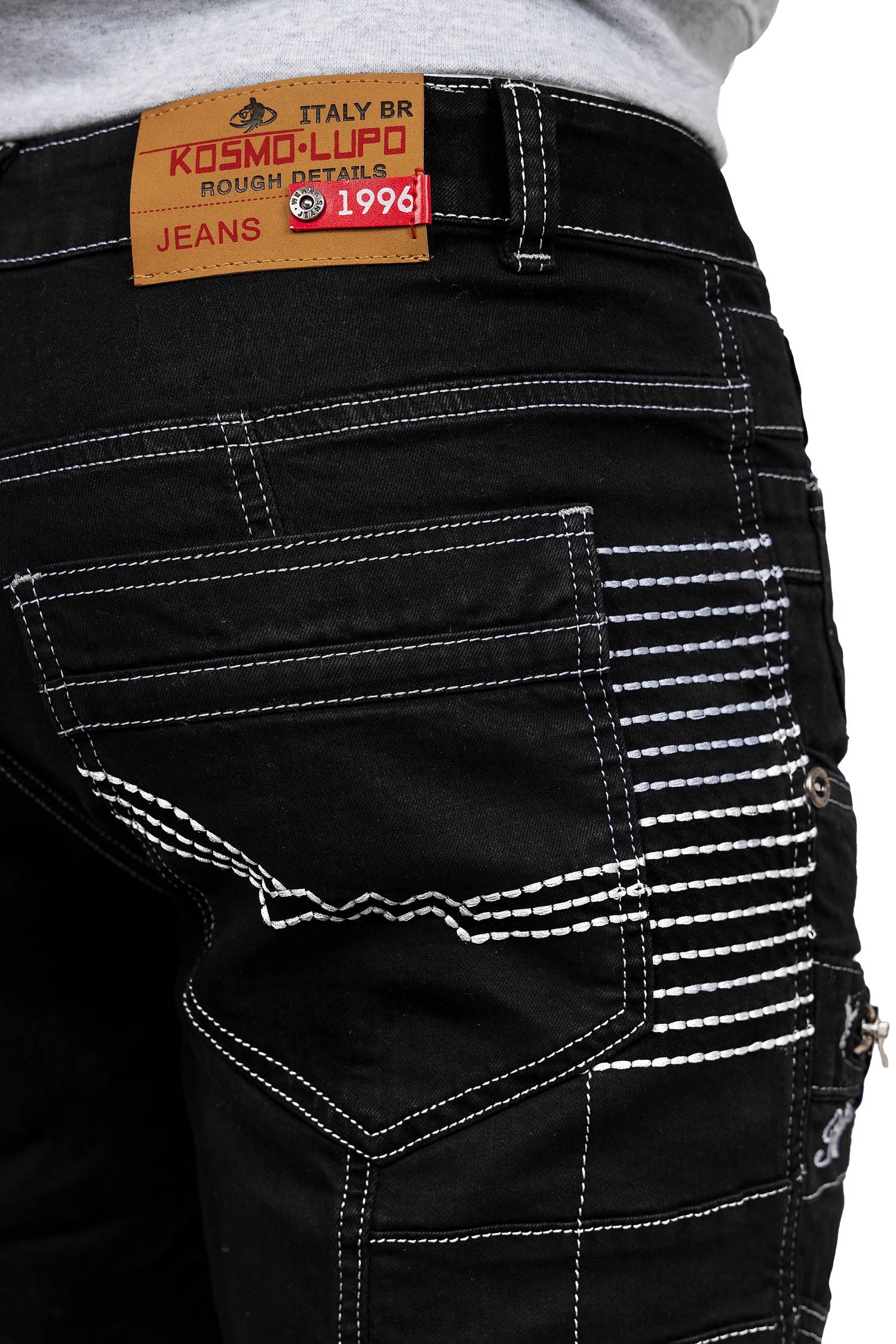 Kosmo Lupo 5-Pocket-Jeans Herren Regular Fit Hose Mid Waist KM020-1 (1-tlg) mit aufgesetzten Applikationen