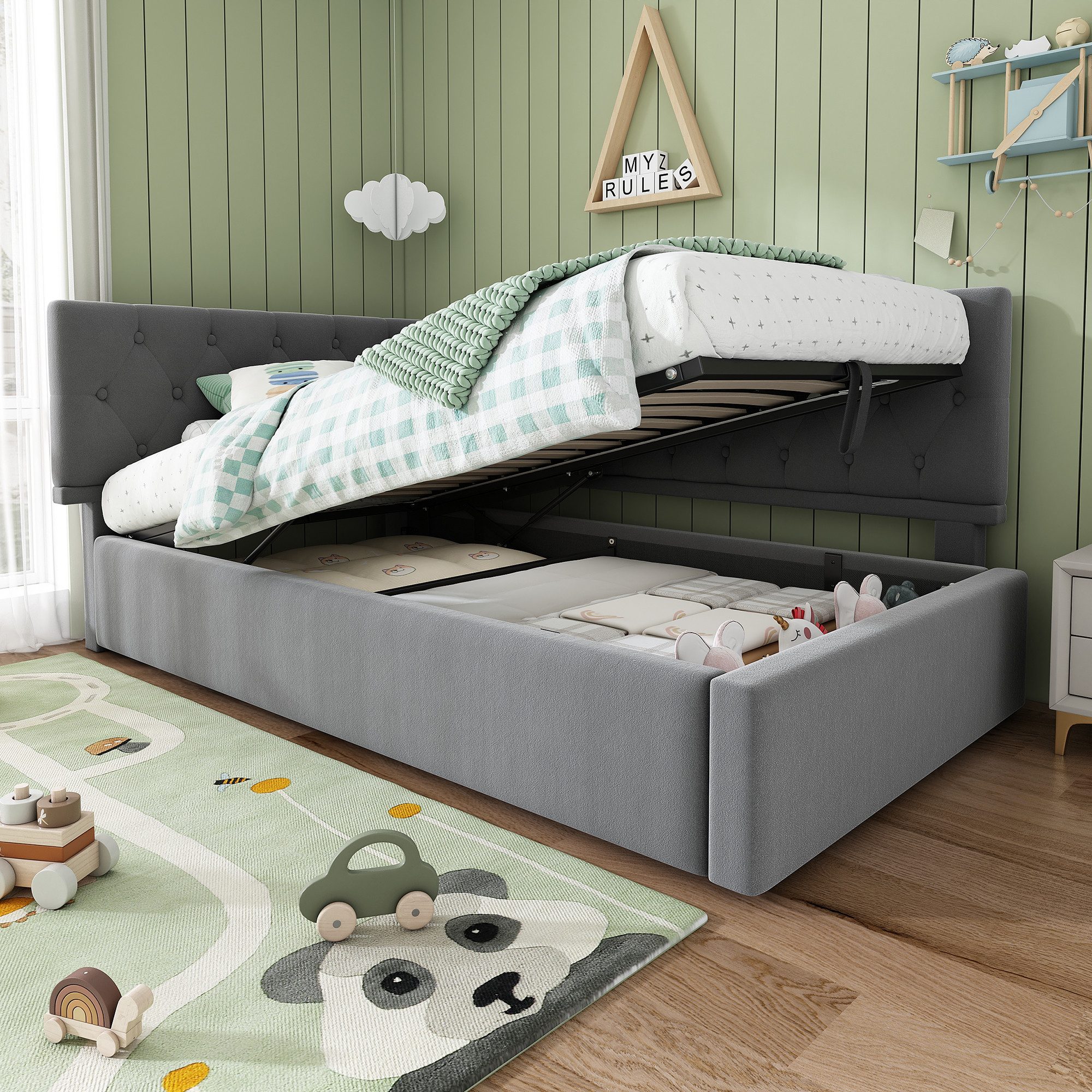 Flieks Polsterbett, Kinderbett Daybett 90x200cm Schlafsofa mit hydraulischem Stauraum
