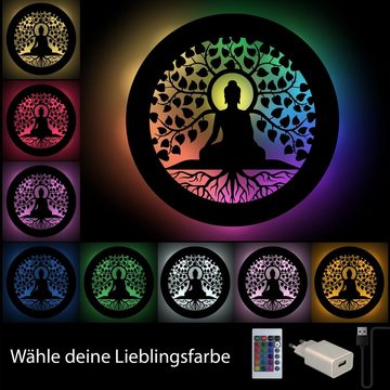 Namofactur LED Wandleuchte RGB Yoga, Buddha Baum Wanddeko, Meditation Wandlampe aus Holz, LED fest integriert, Farbwechsler
