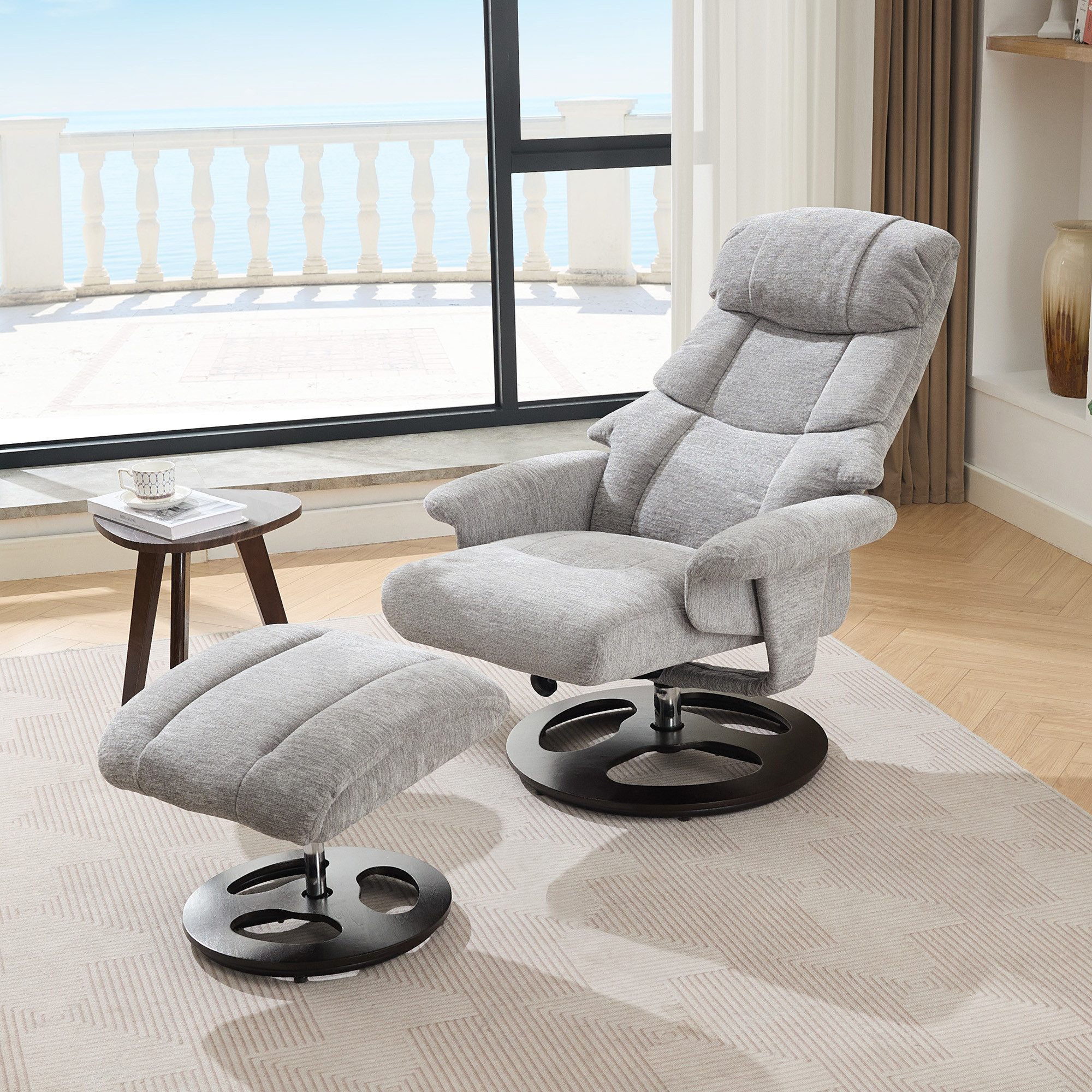 Odikalo Chaiselongue Relaxsessel Freizeitstuhl Polsterstuhl mit Massage und Wärme, Komfortabler Relaxsessel mit Schlaffunktion Liegefunktion & Hocker 360° drehbar Chenille-Stoff