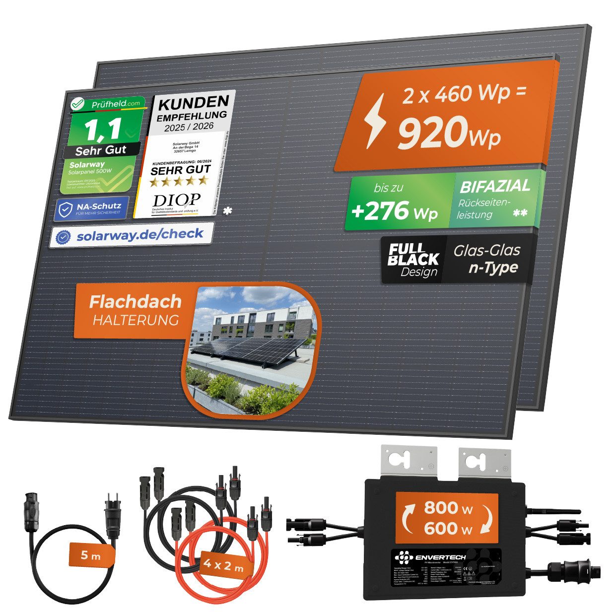 Solarway Balkonkraftwerk 920 Wp / 800 Watt Komplettset Solaranlage Steckdose / Bifazial, neuester 800 Watt Wechselrichter Solarmodule & Envertech & Zubehör – Bild 2 von 5