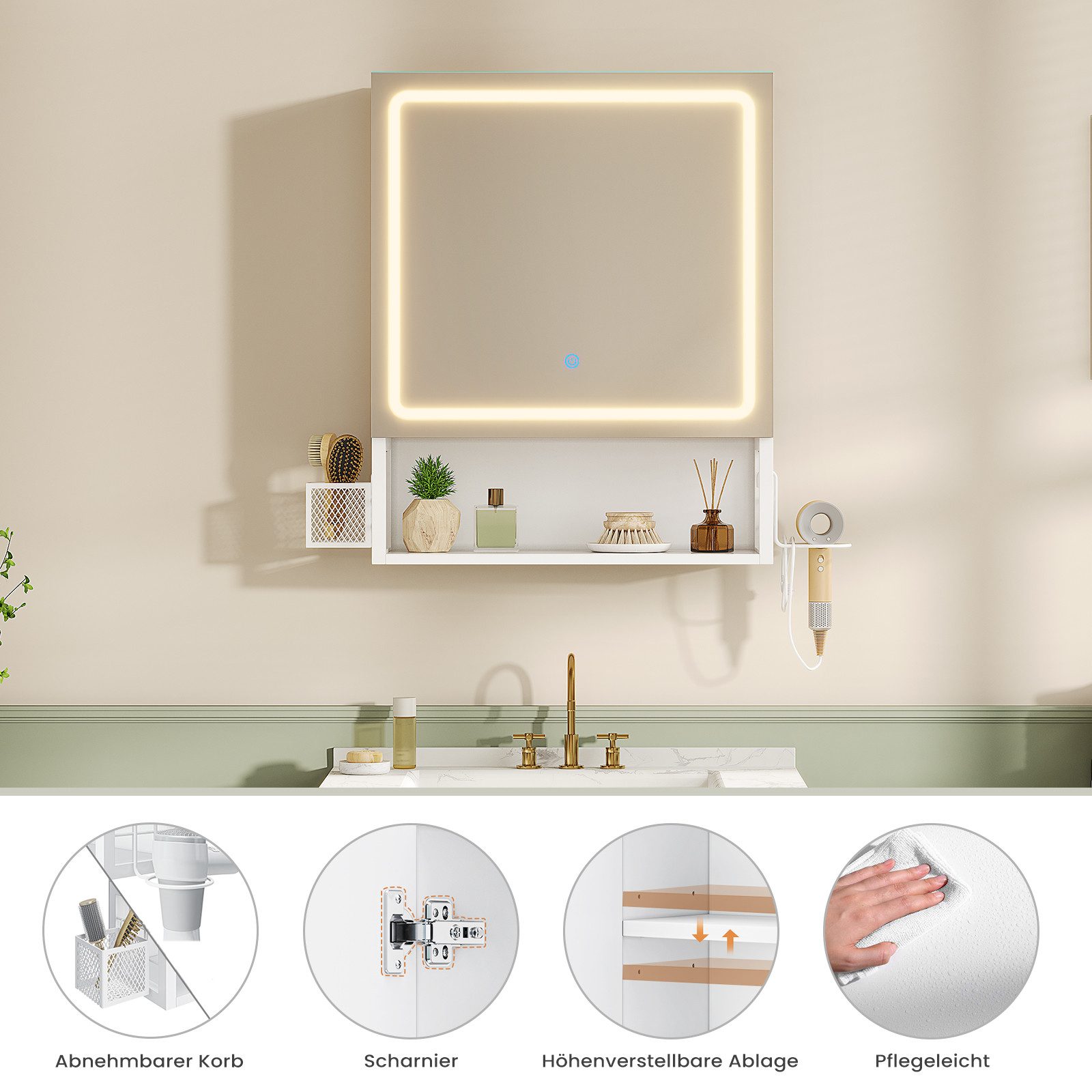 MSMASK Badezimmerspiegelschrank mit LED-Beleuchtung & Steckdose, Wandmontiert mit Stauraum (1-St) Spiegelschrank 50x16x60cm – Bild 4 von 5