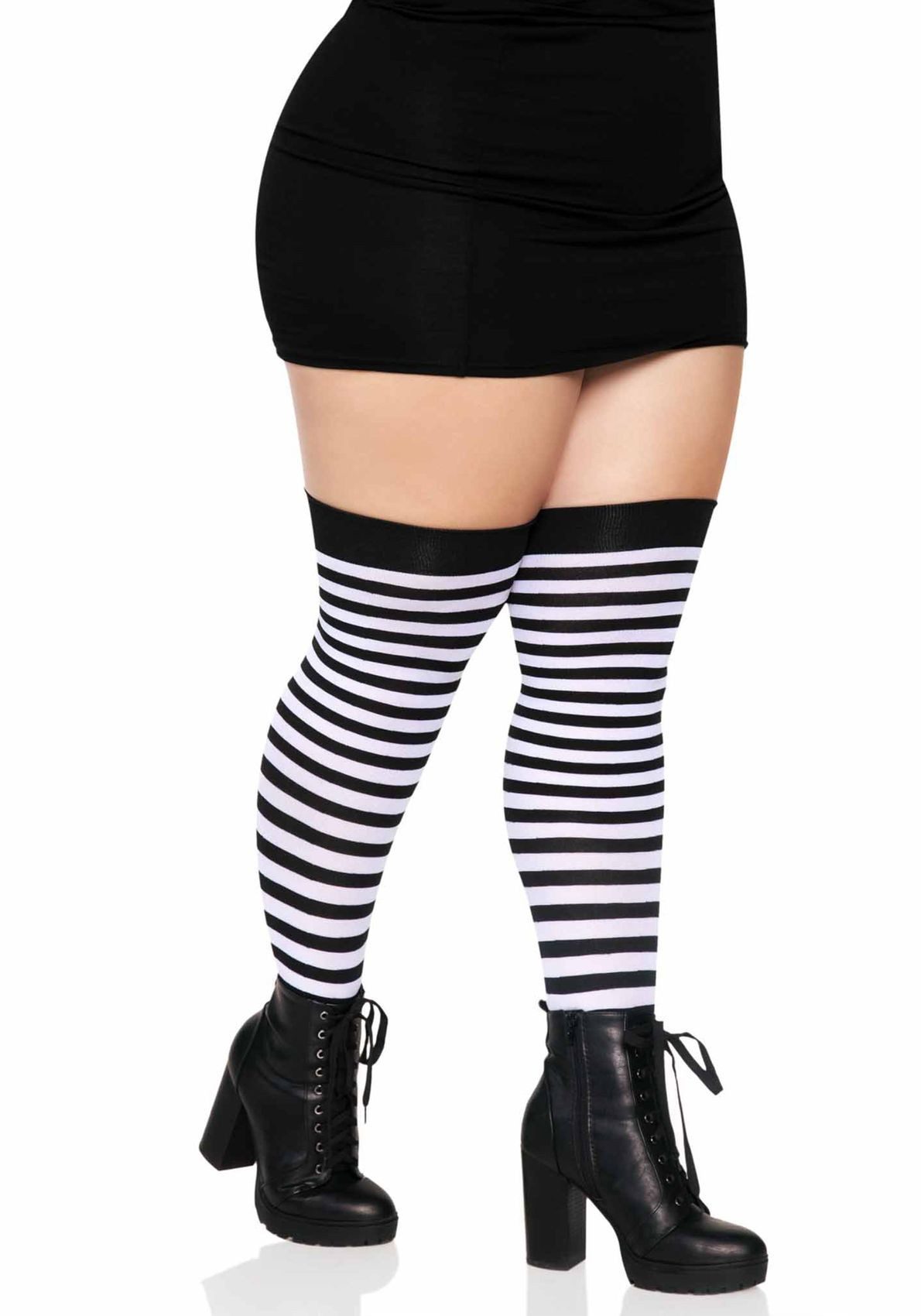 Leg Avenue Halterlose Strümpfe Plus Size Halterlose Strümpfe Querstreifen schwarz weiß Gr.46-48