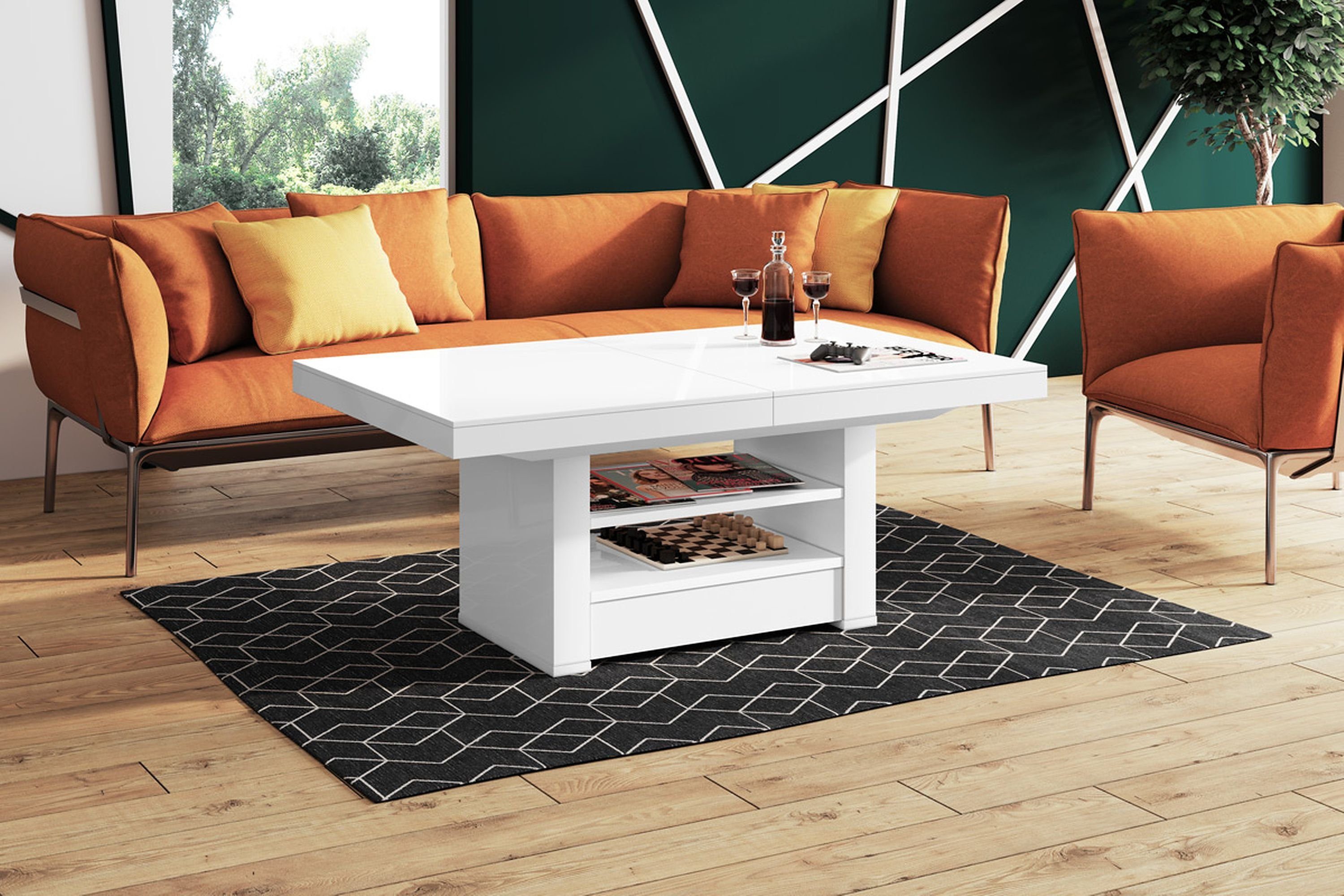 designimpex Couchtisch Design HLM-111 Weiß Hochglanz Schublade höhenverstellbar ausziehbar