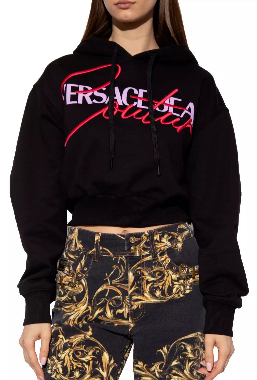 Versace Jeans Couture Hoodie Kapuzen-Sweatshirt Logo Hoodie Pullover Hooded Sweater Cropped Hoodie mit Kordelzug