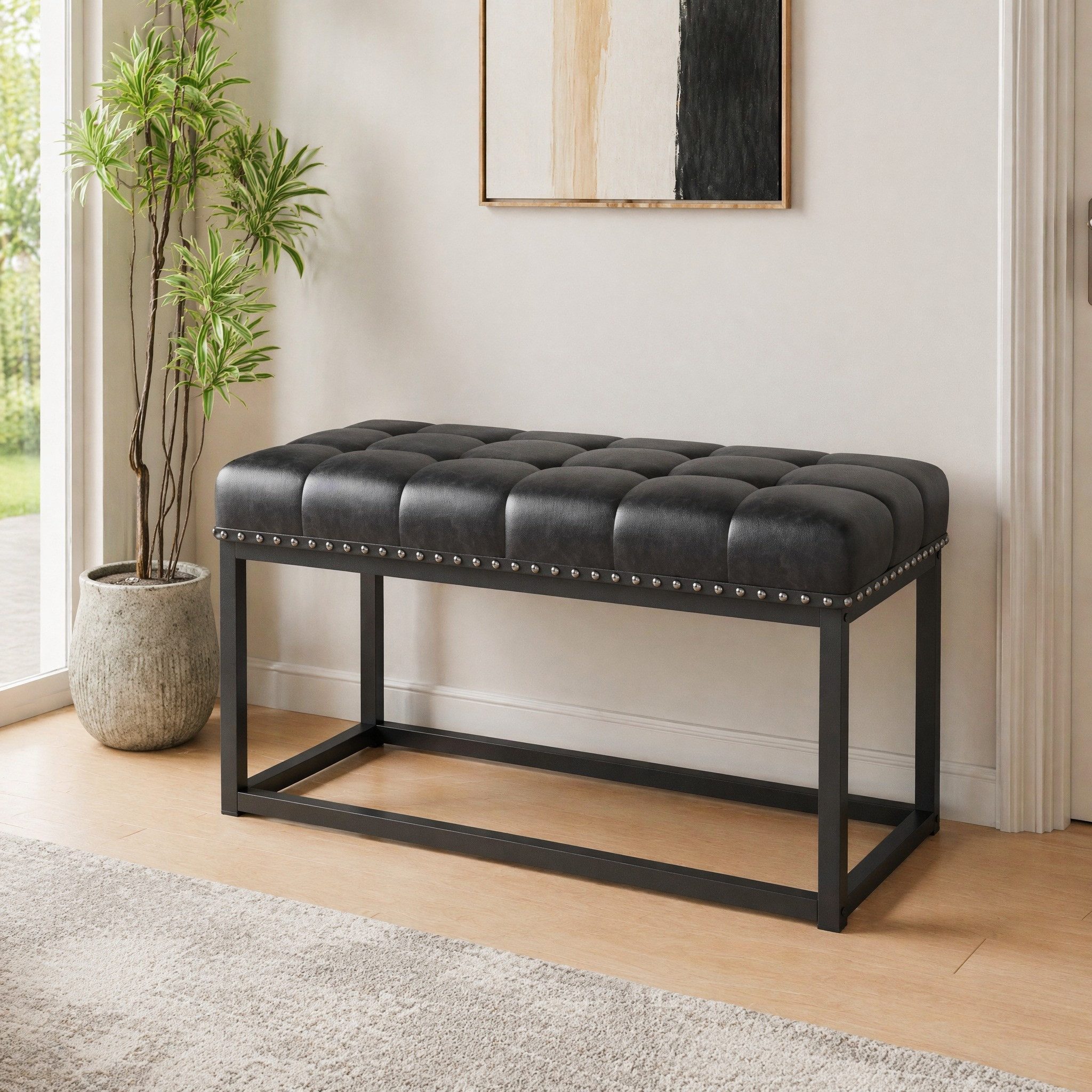 REDOM Polsterbank Industrieller Vintage-Look, ideal für Eingangsbereich & Esszimmer (Packung, 1-St., 91 cm lange Polsterbank in Schwarz mit Knopfsteppung & Metallgestell), Stilvolle Sitzbank auch für Schlafzimmer & als Dekoelement nutzbar