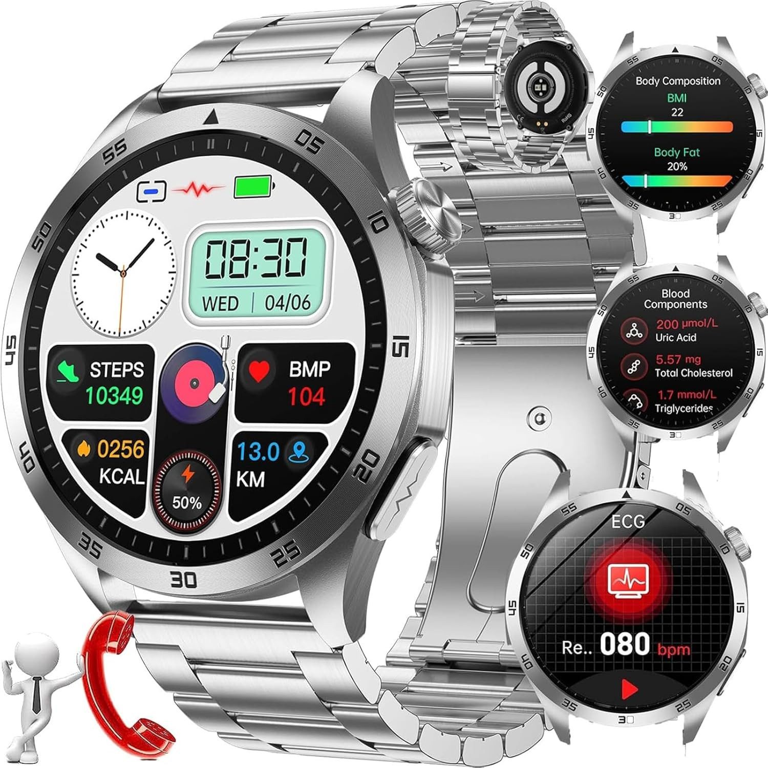 wgzixezn ET485 Smartwatch (3,6 cm, android ios), Herren Smartwatch 1 43 Zoll HD Display Bluetooth Anrufe 130 Sportmodi