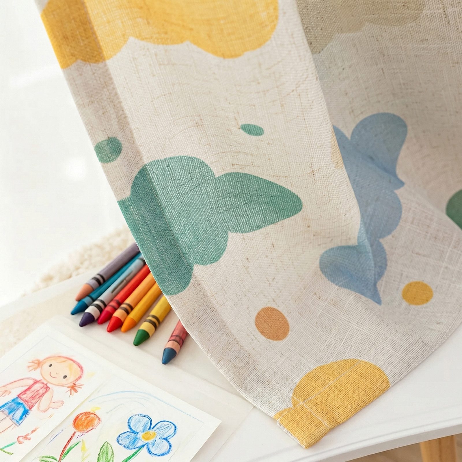 Rosnek Gardine fürs Kinderzimmer, 2er-Set mit buntem Wolkenmuster, Transparente Vorhänge in Leinenoptik, wahlweise mit oder ohne Pompons – Bild 4 von 5