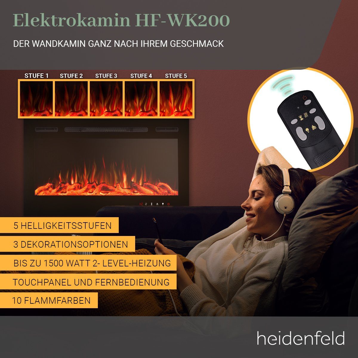 HF-WK200 Elektroheizung 3 Wandkamin Heidenfeld Garantie, Heizung 3D inkl. Farben Kamin 750/1500 - Elektrokamin - Schwarz Jahre LED Fernbedienung 10 Flammen Watt - wählbare