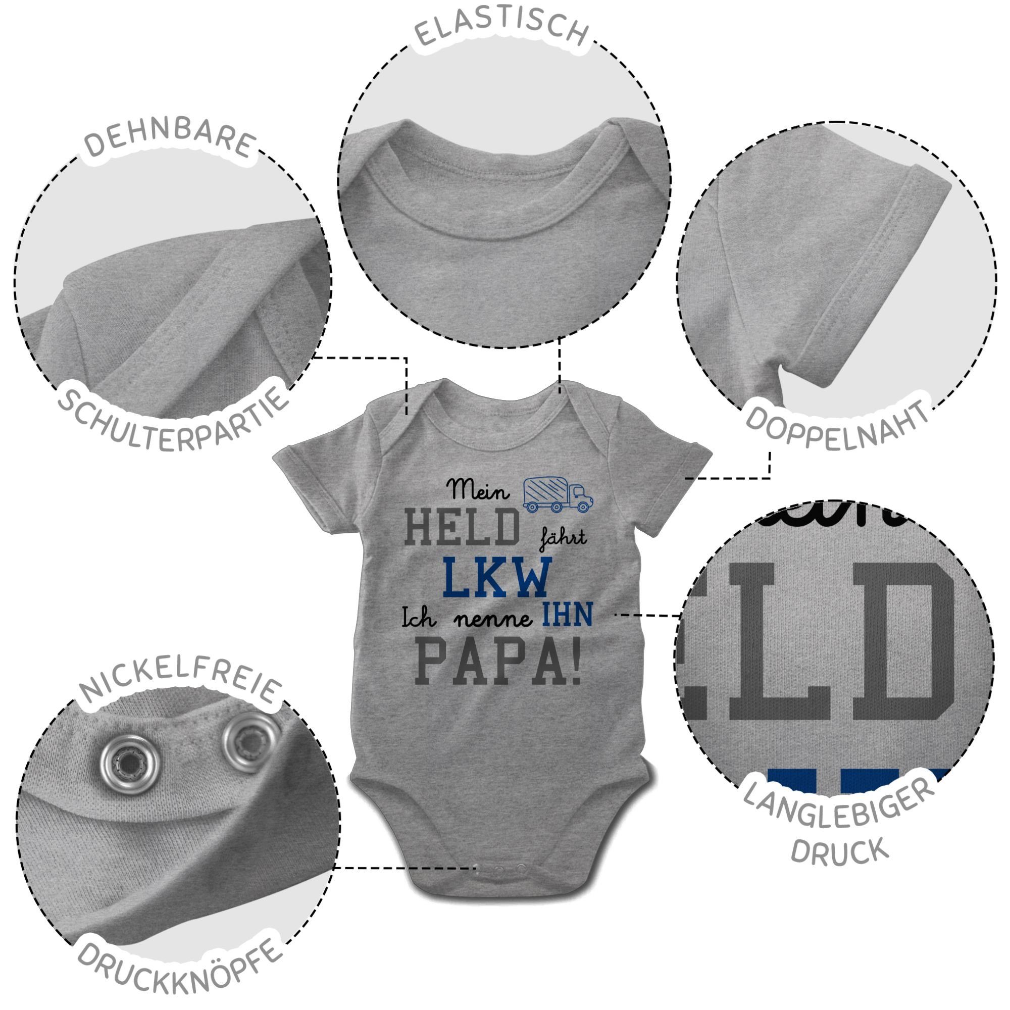 Sprüche Held Shirtracer Grau meliert 3 fährt Baby Shirtbody LKW Mein