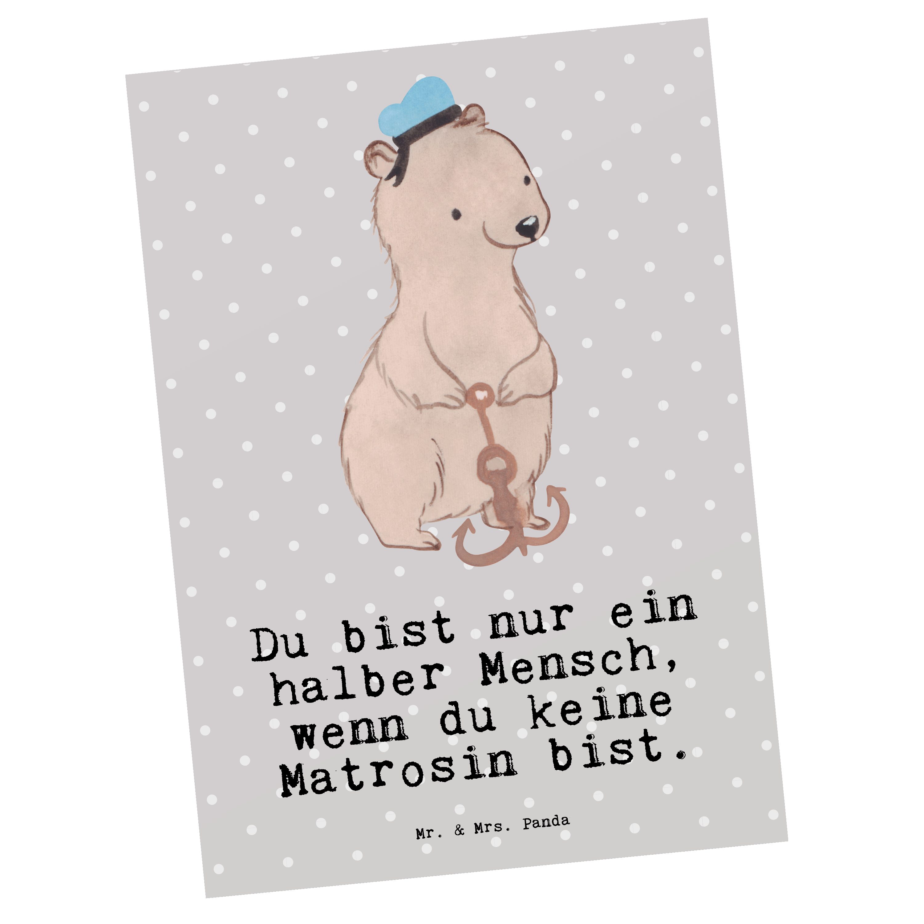 Mr. & Mrs. Panda Postkarte Matrosin mit Herz - Grau Pastell - Geschenk, Schiff, Seeleute, Geburt