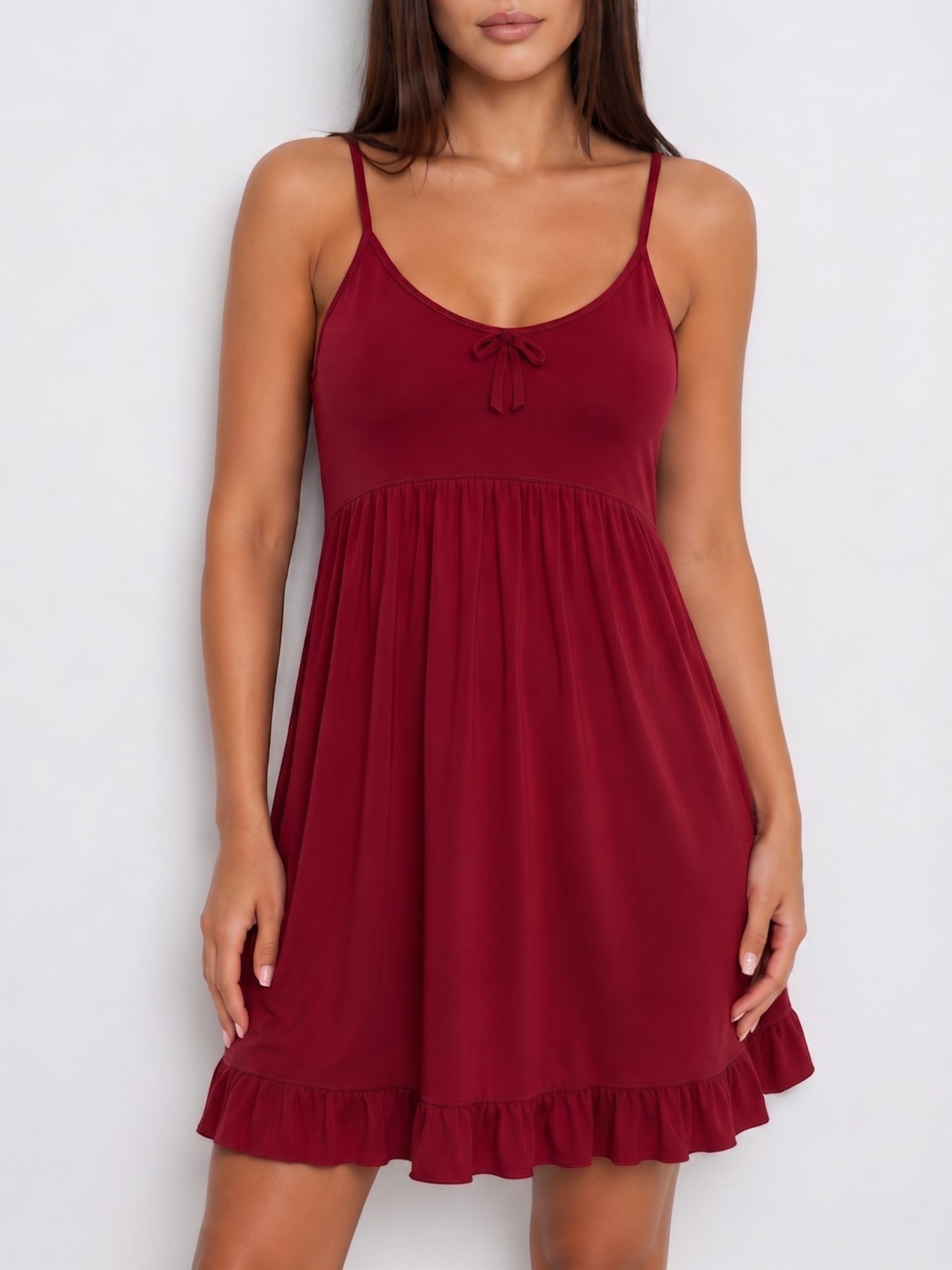 Elegant Love Negligé Damen Spaghettiträger-Nachthemd mit Rüschensaum und Schleife Bequemes Lounge-Kleid & Sleepshirt mit feinen Trägern