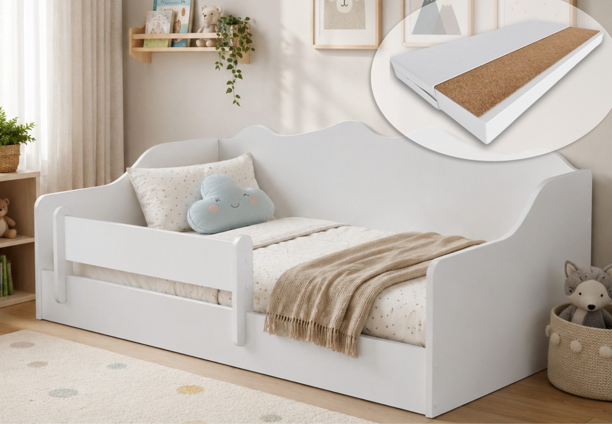 Kids Collective Kinderbett Bodenbett Bett mit Rausfallschutz & Lattenrost Montessori Bett Kinder (160x80 cm, Gitterbett, Jugendbett), wahlweise mit Matratze, stabiles Einzelbett für Kleinkinder, weiß