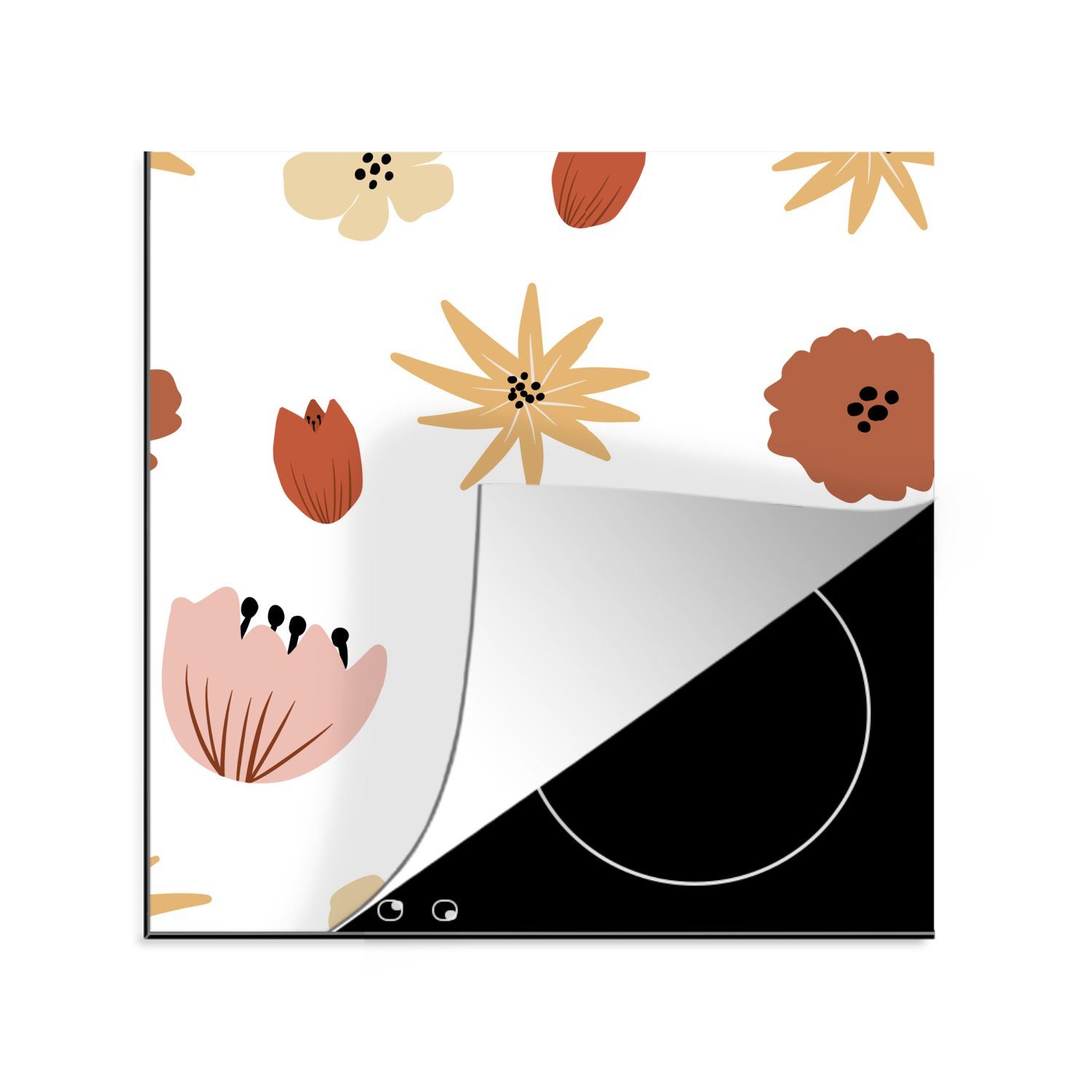 MuchoWow Herdblende-/Abdeckplatte Blumen - Weiß - Abstrakt - Muster, Vinyl, (1 tlg), 78x78 cm, Ceranfeldabdeckung, Arbeitsplatte für küche