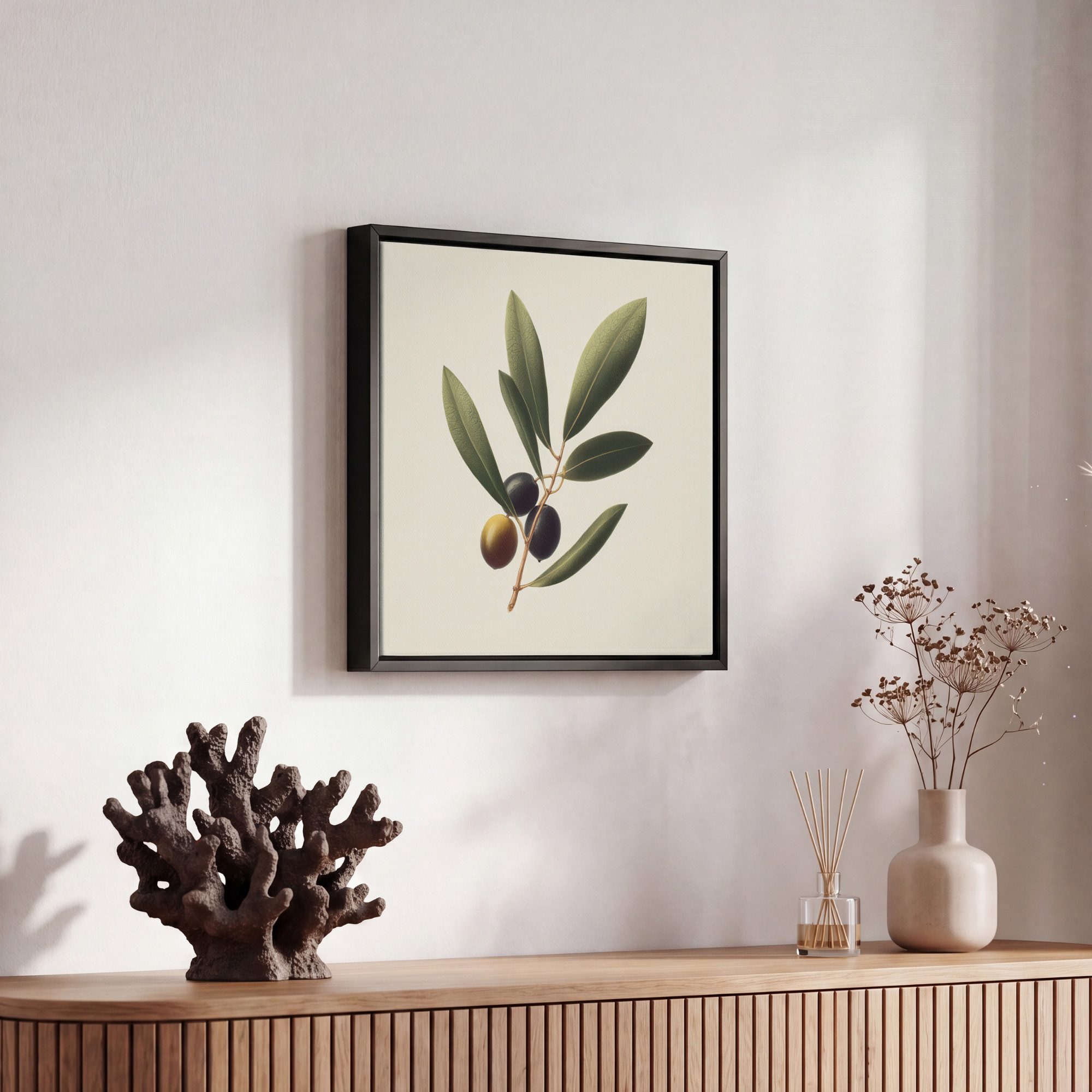 OneMillionCanvasses® Leinwandbild mit Rahmen - Olivenzweig - Dunkelgrün - Oliven, Fotodruck (1 St), Leinwand Bilder Klein, Wand Dekoration Aesthetic 20x20cm – Bild 5 von 5