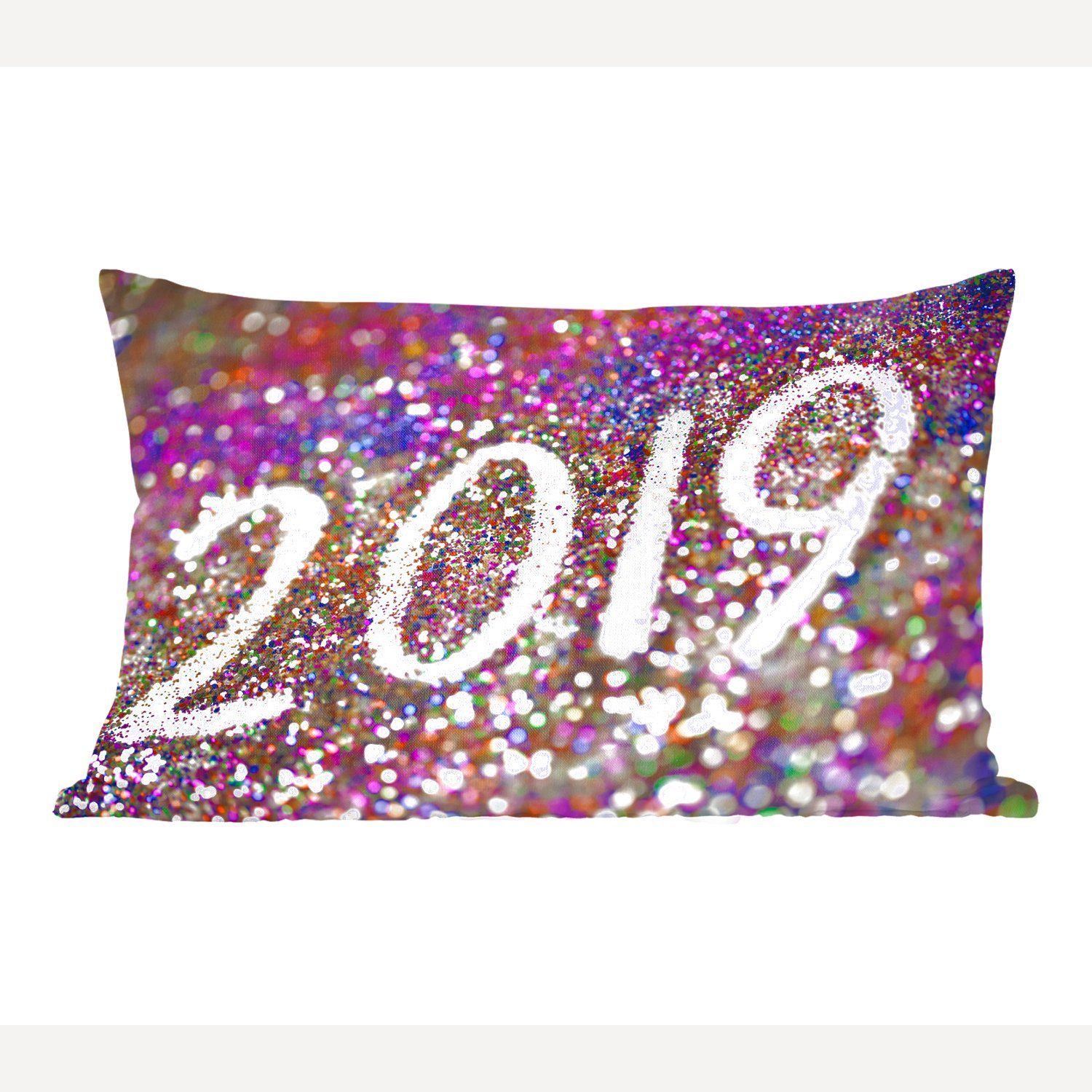 MuchoWow Dekokissen Frohes neues Jahr 2019 mit Glitzer, Wohzimmer Dekoration, Zierkissen, Dekokissen mit Füllung, Schlafzimmer