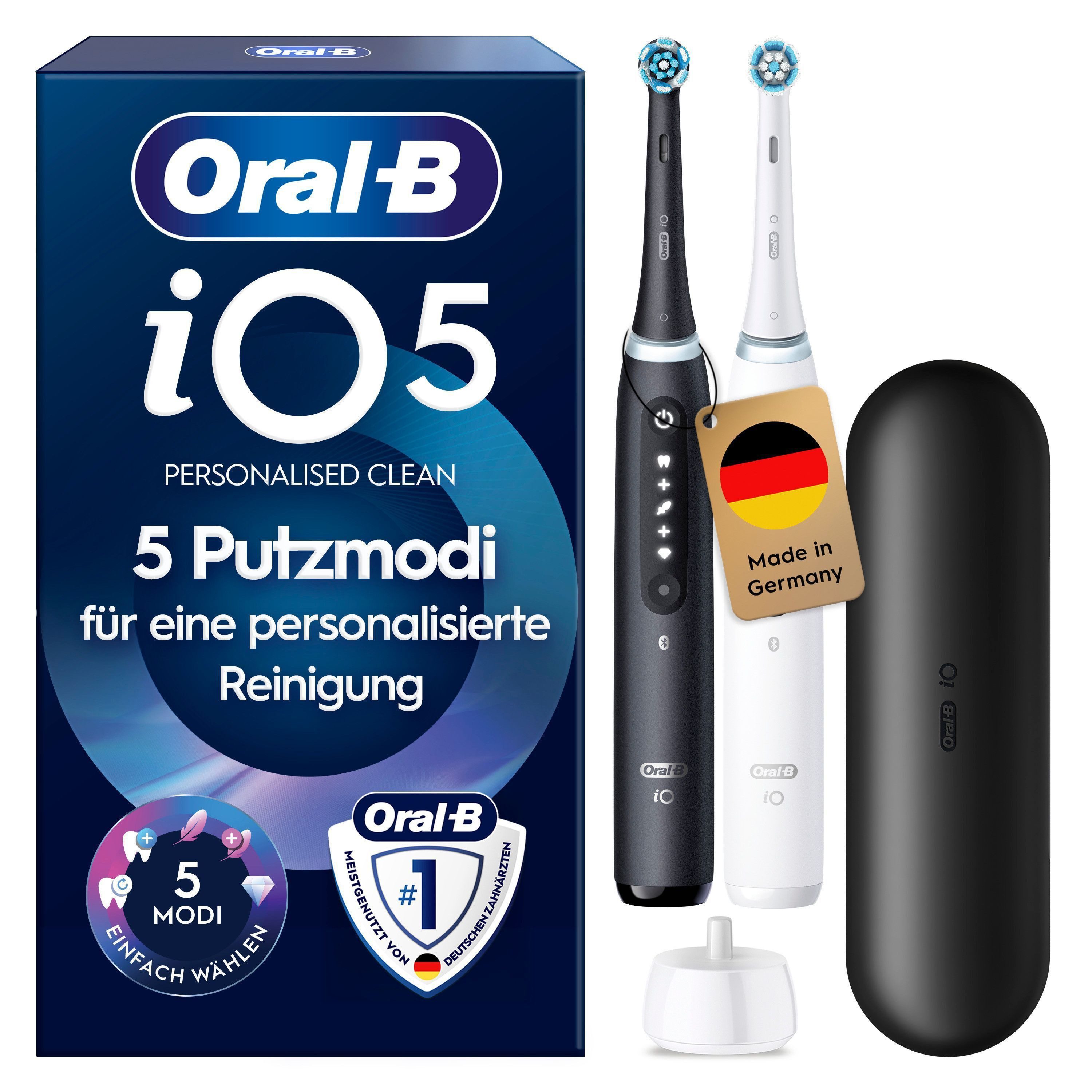 Oral-B Elektrische Zahnbürste iO 5 Duopack, Aufsteckbürsten: 2 St., mit Magnet-Technologie, LED-Anzeige, 5 Putzmodi, Reiseetui