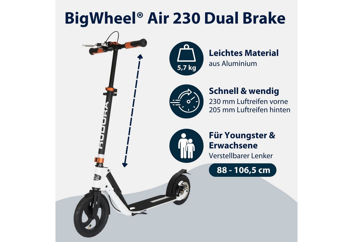 Thumbnail - Hudora Cityroller BigWheel® Air 230 Dual Brake Scooter, einklappbarer, höhenverstellbarer Tretroller