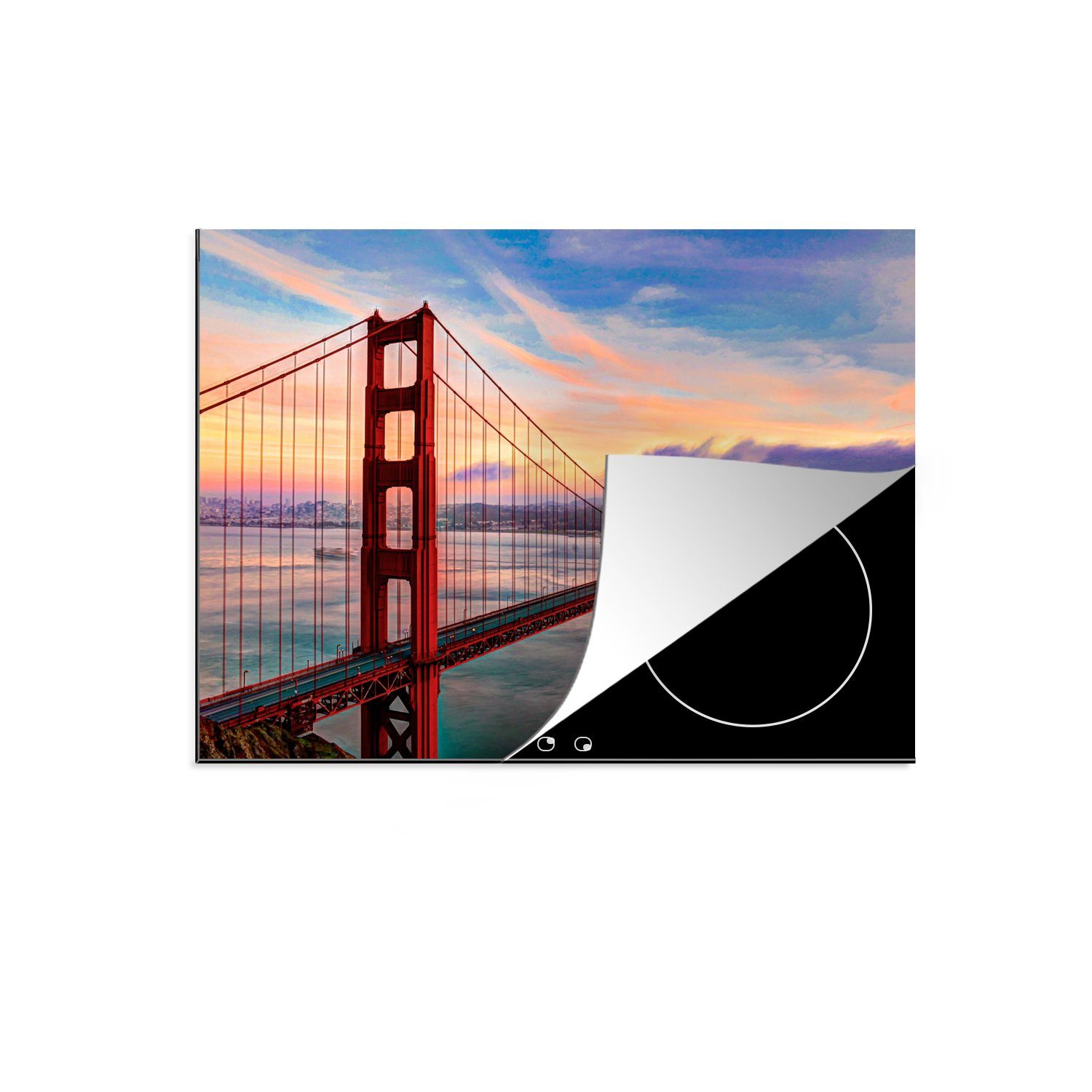 MuchoWow Herdblende-/Abdeckplatte Farbenfroher Sonnenuntergang über der Golden Gate Bridge in San, Vinyl, (1 tlg), 70x52 cm, Mobile Arbeitsfläche nutzbar, Ceranfeldabdeckung