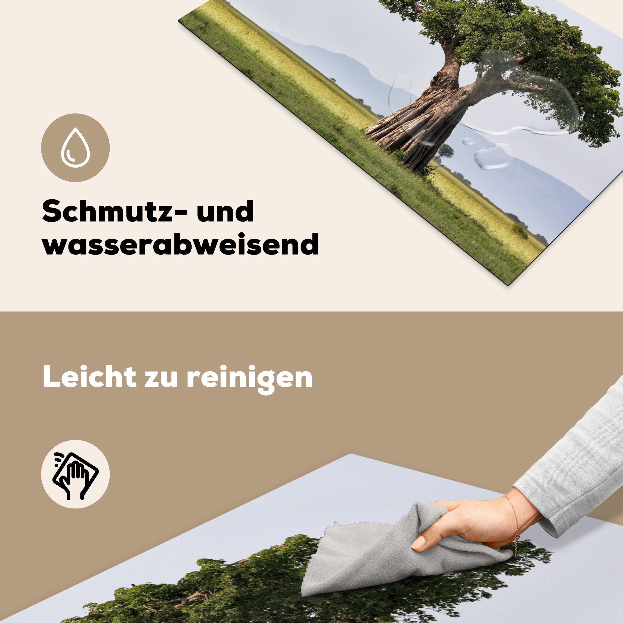 riesigem Arbeitsplatte Vinyl, für und küche cm, Baobab-Baum MuchoWow grünen Blättern, Ceranfeldabdeckung, Herdblende-/Abdeckplatte mit (1 83x51 tlg), Stamm