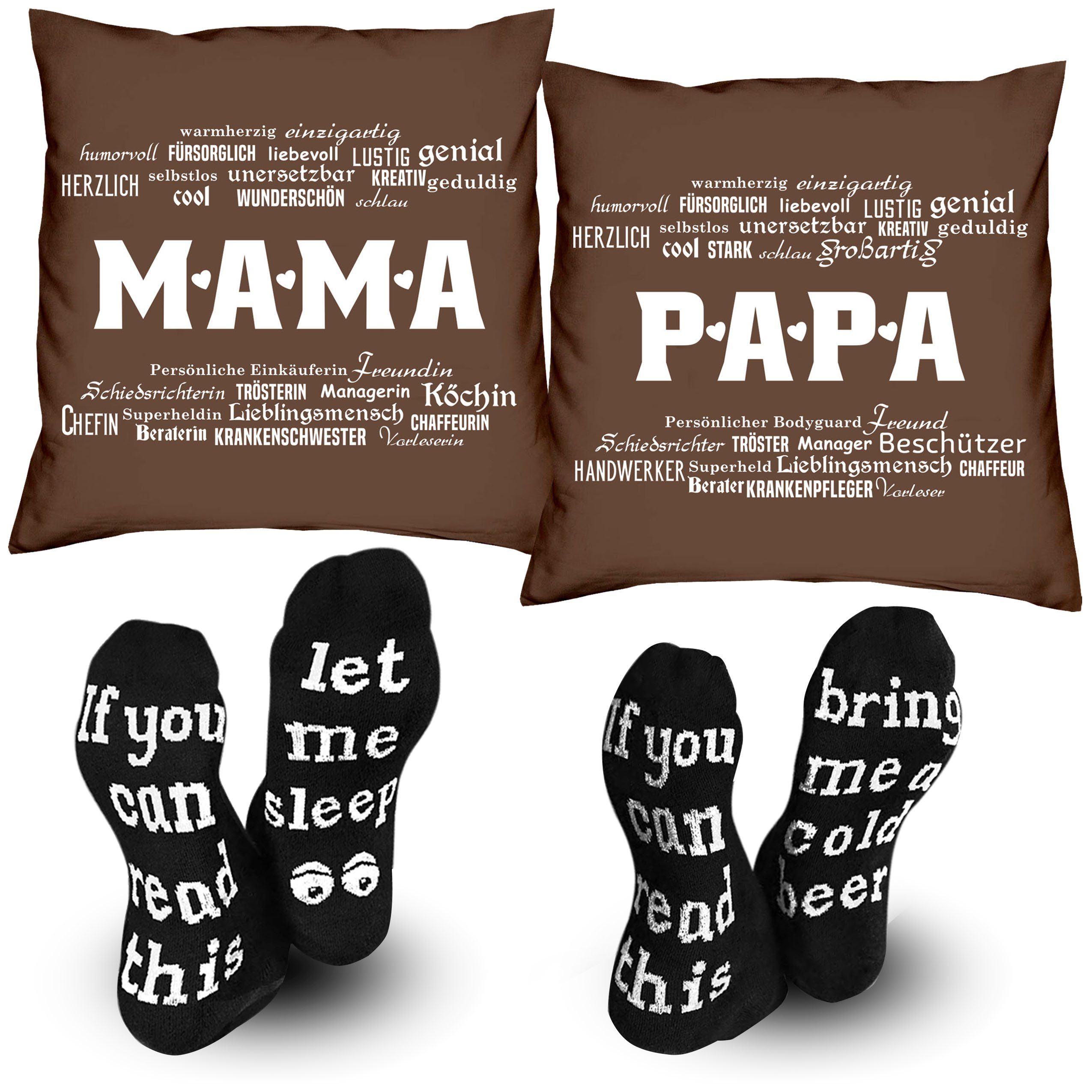 Soreso® Dekokissen Eltern Geschenk zu Weihnachten 2 Kissen Mama und Papa + 2 Paar Socken, Geschenk-Set