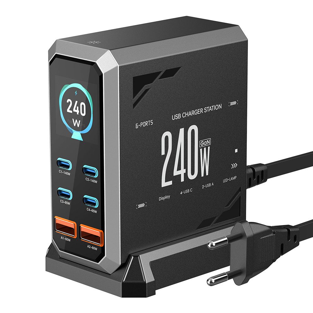 BLiTZWOLF USB-Ladegerät (5000 mA, 240W 6-Port USB-PD - 4×USB-C, 2×USB-A, QC/PD, Digitalanzeige, GaN-Technologie Schnelllade-Desktop-Ladestation)