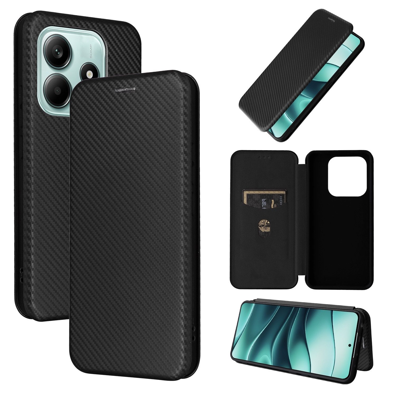 Wigento Smartphone-Hülle Für Xiaomi Redmi Note 14 4G Carbon Faser Design Schutz Hülle Schwarz, Carbon Faser Flip Schutzhülle mit Kartenfach und Ständer