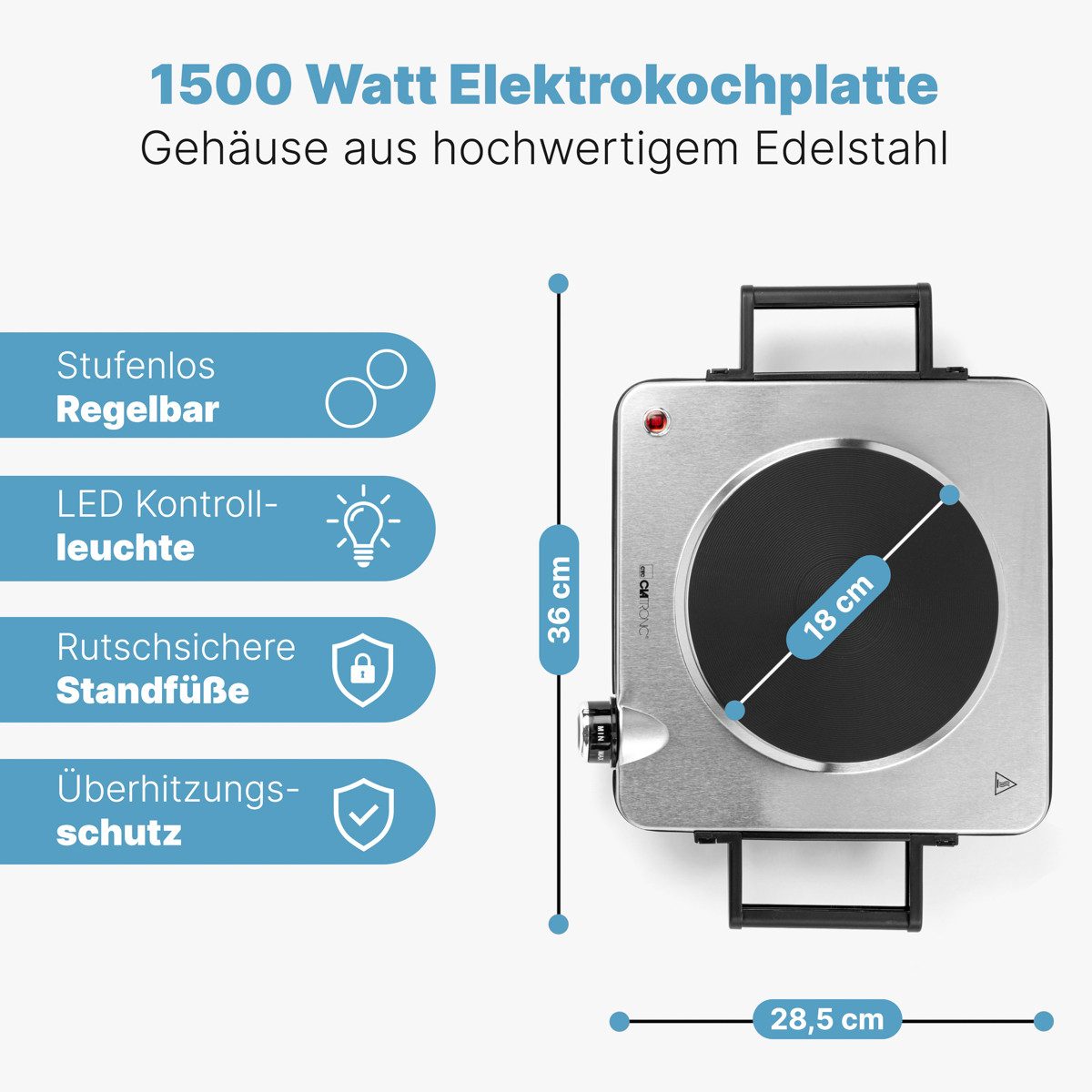 CLATRONIC Einzelkochplatte EKP 3788 E, Kochplatte für Küche, Büro Camping, 1500 Watt