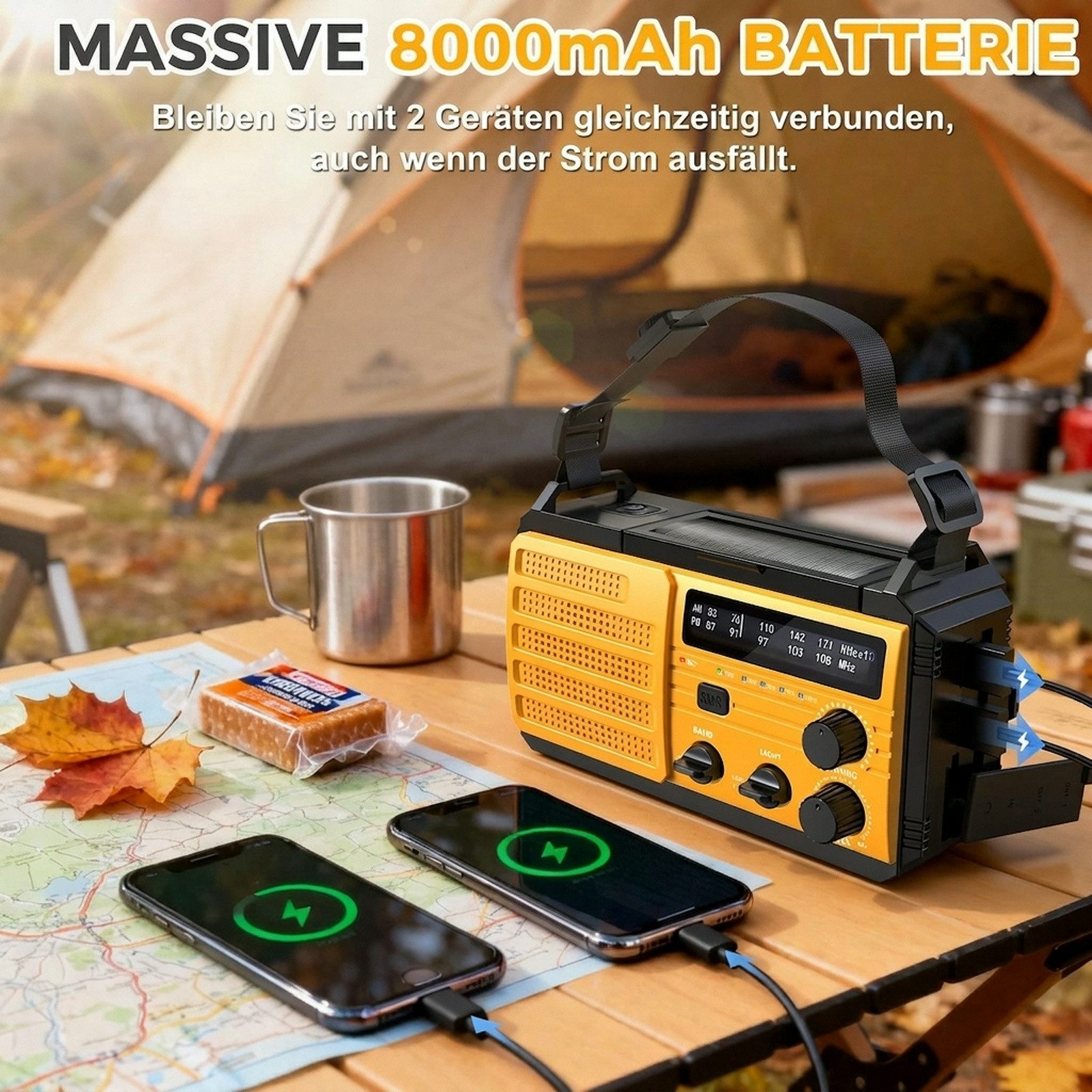 Greadio Notfall Kurbelradio, 8000mAh, 3-fach Ladung, AM/FM SOS Taschenlampe Radio (SOS-Alarm, AM/FM-Empfang, Kompass & Leselicht, USB Notfall-Ladegerät für Outdoor & Katastrophen)