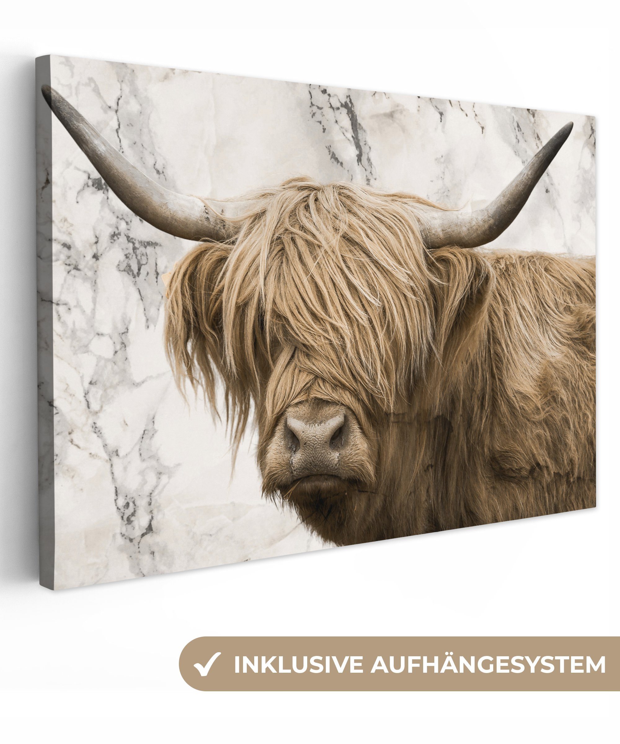 OneMillionCanvasses® Leinwandbild Schottischer Highlander - Marmor - Tiere, (1 St), Wandbild Leinwandbilder, Aufhängefertig, Wanddeko, 30x20 cm