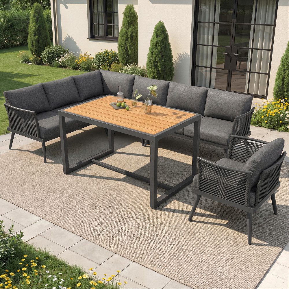BBWL Gartenlounge-Set mit geflochtenen Armlehnen, WPC Holztisch und dicken Polstern, Gartensofa Set 7 Personen L-Form wetterfeste Eckgarnitur aus Eisen