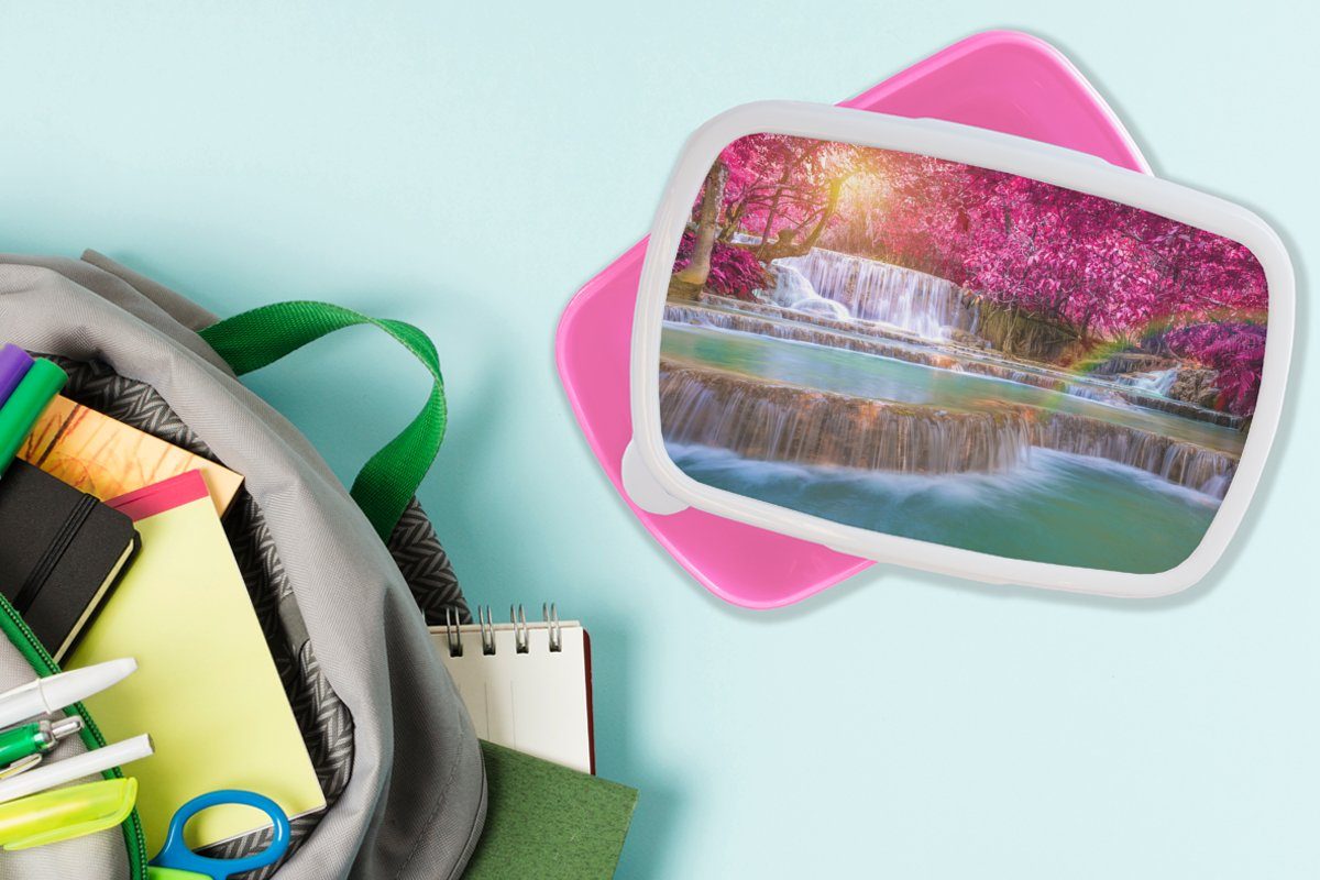 Brotbox Snackbox, Kunststoff, Erwachsene, MuchoWow Rosa für - Lunchbox - - Regenbogen Brotdose Natur, - (2-tlg), Bäume Mädchen, Wasserfall Kinder, Kunststoff