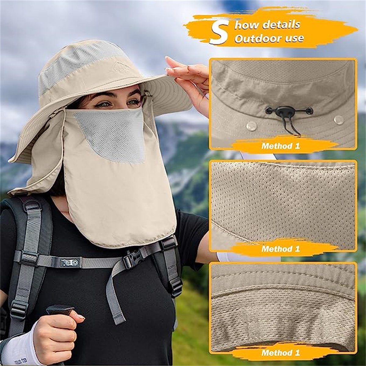 Wanderhut Beige Gesichtsbedeckung Nackenklappe SafariHut,Schlapphut,Schlapphut Sonnenhut Sonnenhut mit Anglerhut,Sonnenschutz XDeer Faltbar