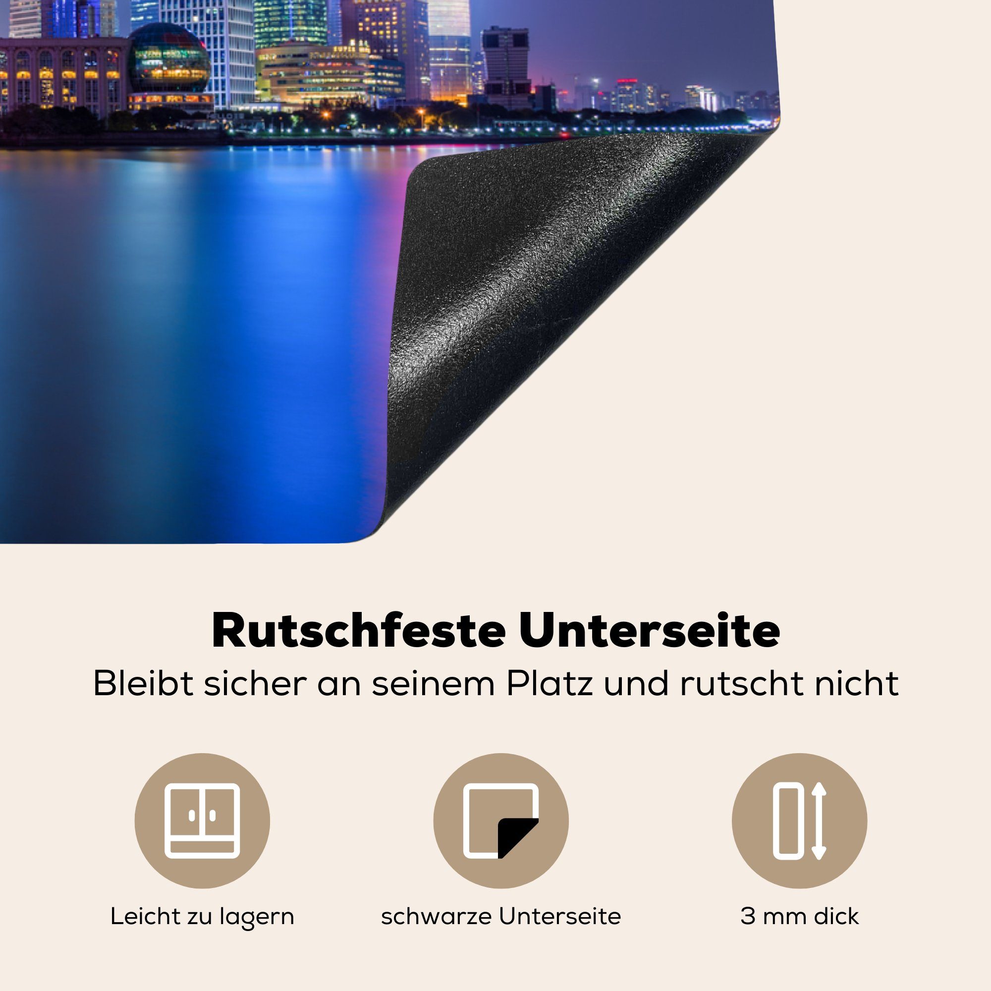 Wasser (1 Shanghai, - für Induktionskochfeld Ceranfeldabdeckung tlg), Vinyl, Licht Skyline cm, - - die Schutz 81x52 Herdblende-/Abdeckplatte küche, MuchoWow