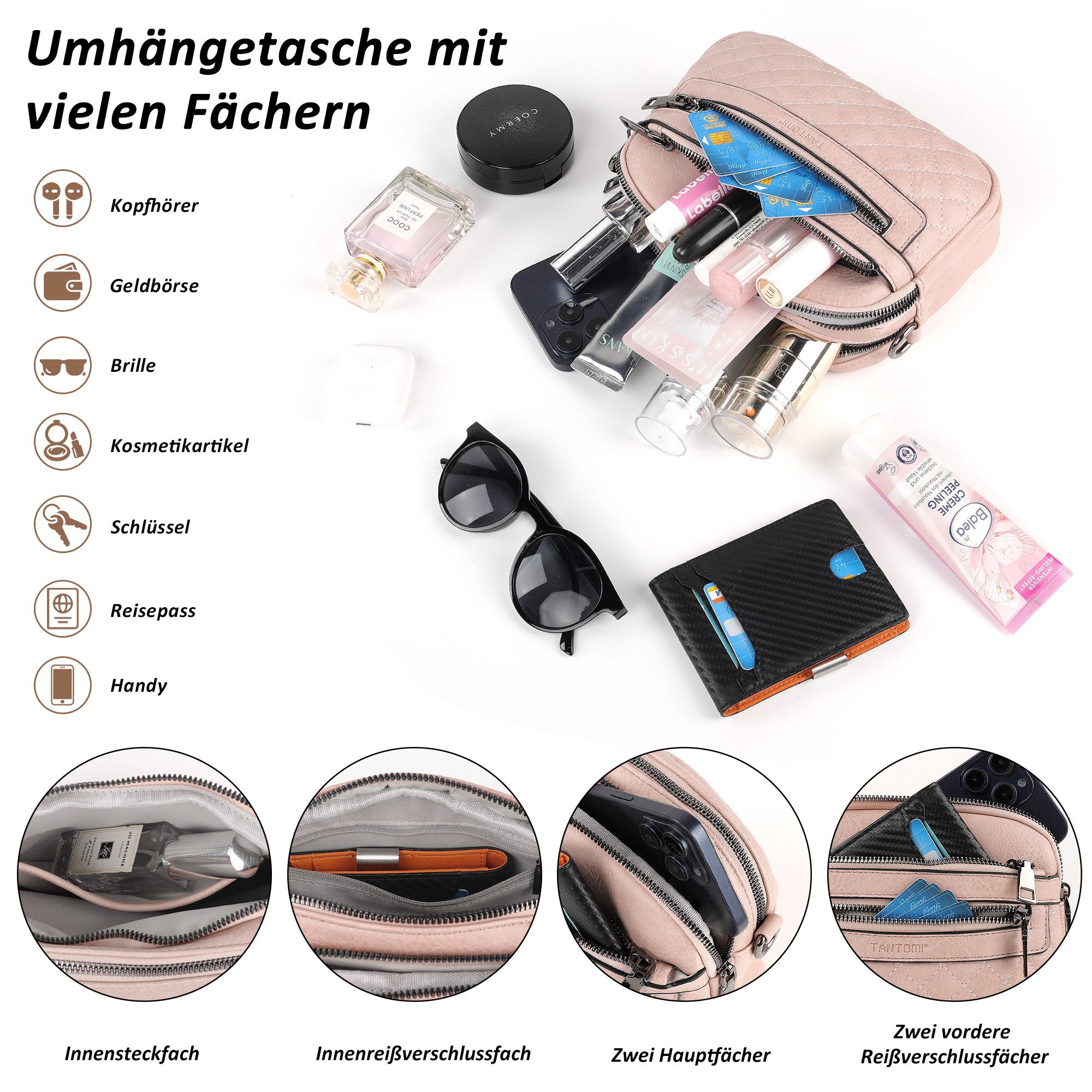 TANTOMI Schultertasche Umhängetaschen Damen, Crossbody Bag mit mehreren Fächern (Damen Handtasche mit Weich Breiter Gurt), Design mit mehreren Reißverschlüssen – Bild 4 von 5