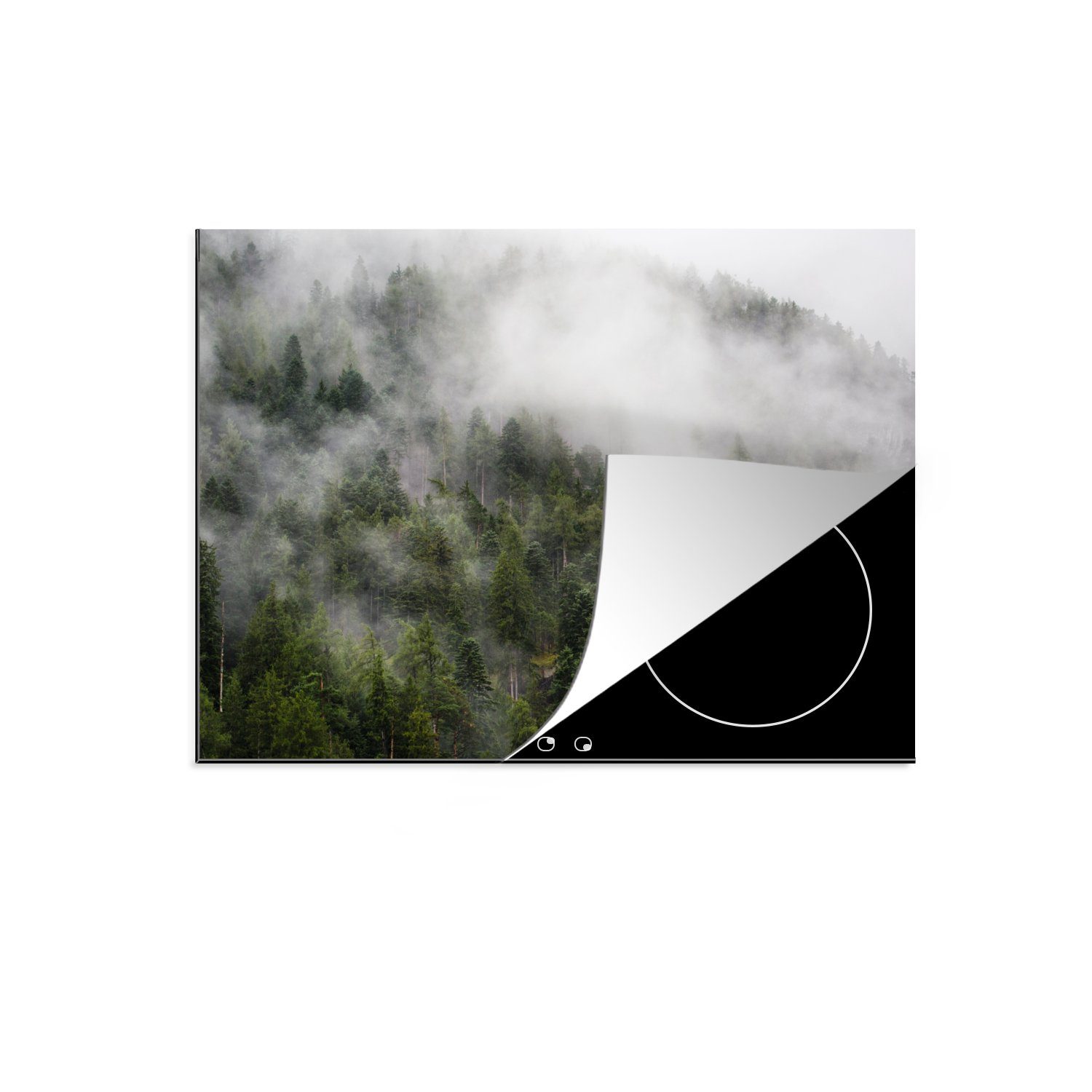 MuchoWow Herdblende-/Abdeckplatte Wald - Nebel - Berg, Vinyl, (1 tlg), 71x52 cm, Induktionskochfeld Schutz für die küche, Ceranfeldabdeckung